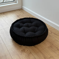 Black Round Hemp Linen Floor Cushion 6" (16cm) filled Organic Hemp Fiber in natural Linen fabric Meditation pillow seat custom made size