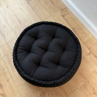 Black Round Hemp Linen Floor Cushion 6" (16cm) filled Organic Hemp Fiber in natural Linen fabric Meditation pillow seat custom made size