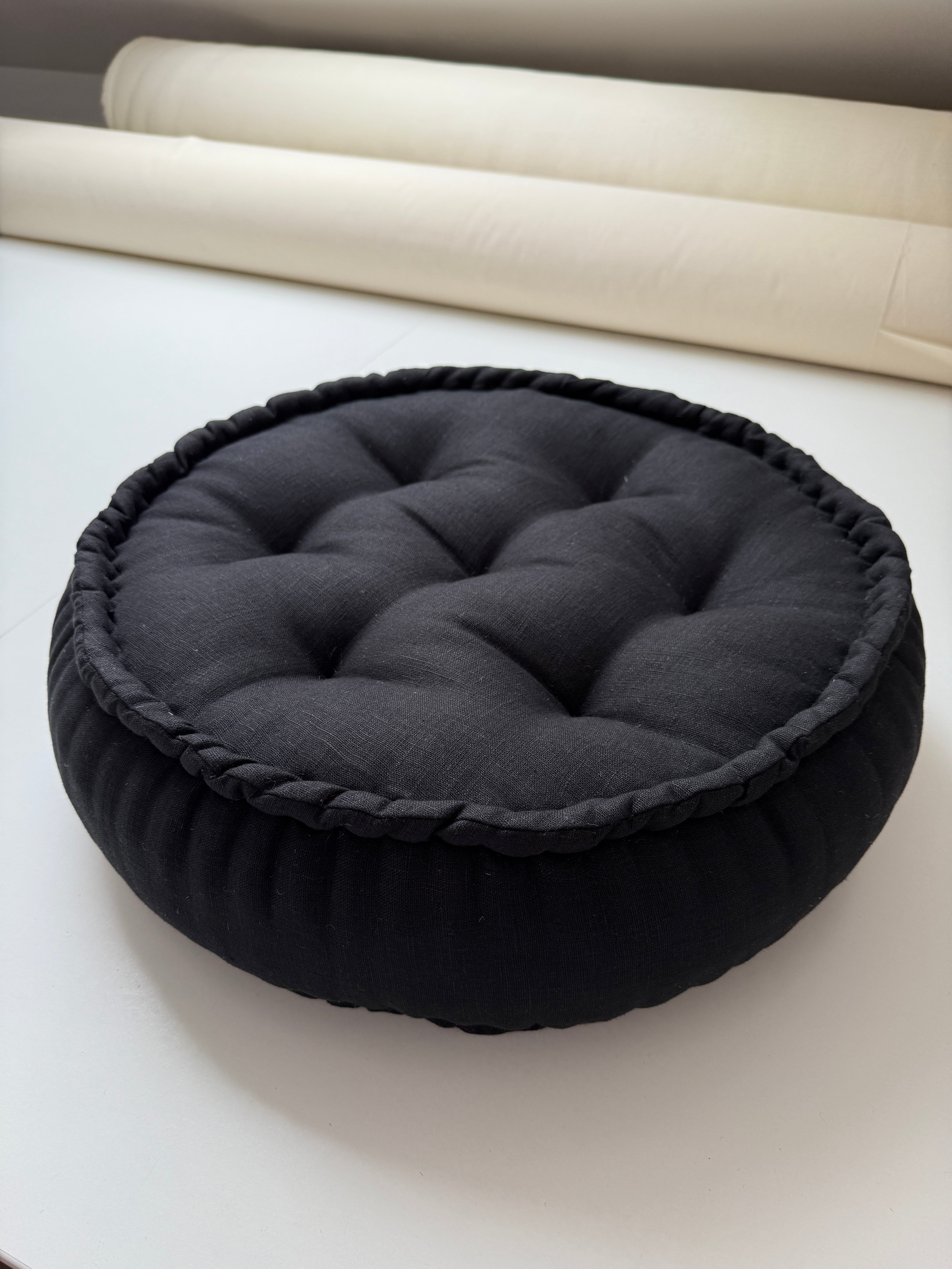 Black Round Hemp Linen Floor Cushion 6" (16cm) filled Organic Hemp Fiber in natural Linen fabric Meditation pillow seat custom made size