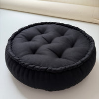 Black Round Hemp Linen Floor Cushion 6" (16cm) filled Organic Hemp Fiber in natural Linen fabric Meditation pillow seat custom made size