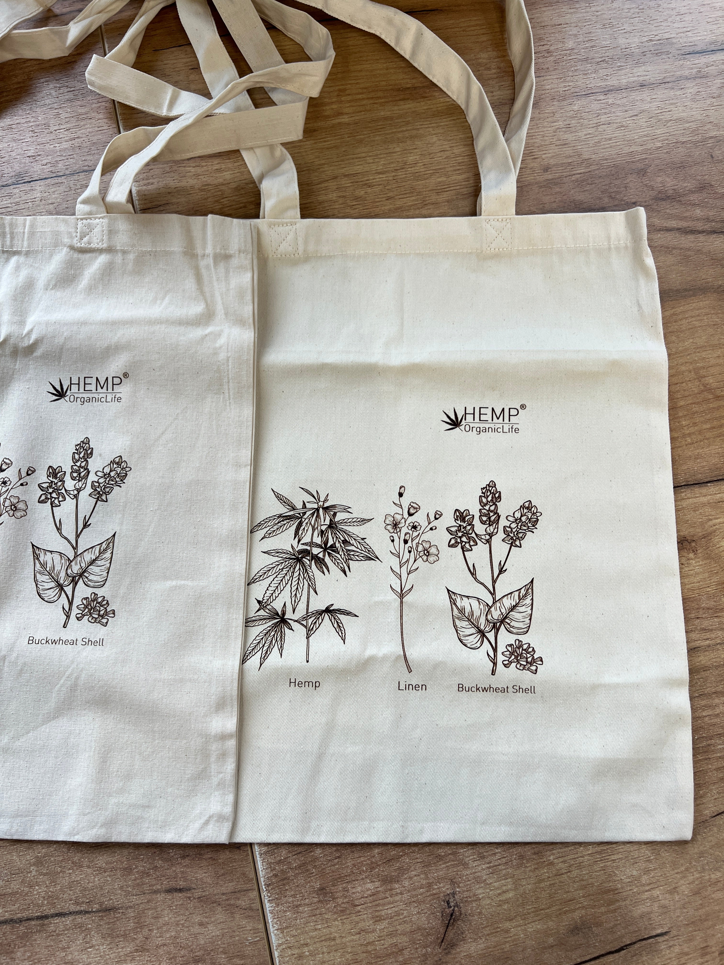 Tote Bag Canvas Bag "Hemp Organic Life" Natural Shopping Bag with print of plants Hemp Linen Buckwheat Hulls Shoulder Bags