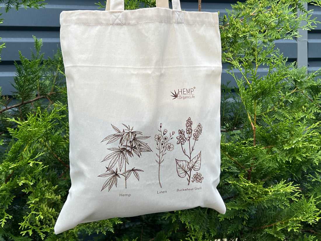 Tote Bag Canvas Bag "Hemp Organic Life" Natural Shopping Bag with print of plants Hemp Linen Buckwheat Hulls Shoulder Bags