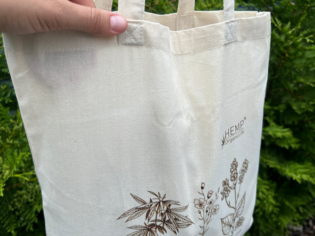 Tote Bag Canvas Bag "Hemp Organic Life" Natural Shopping Bag with print of plants Hemp Linen Buckwheat Hulls Shoulder Bags