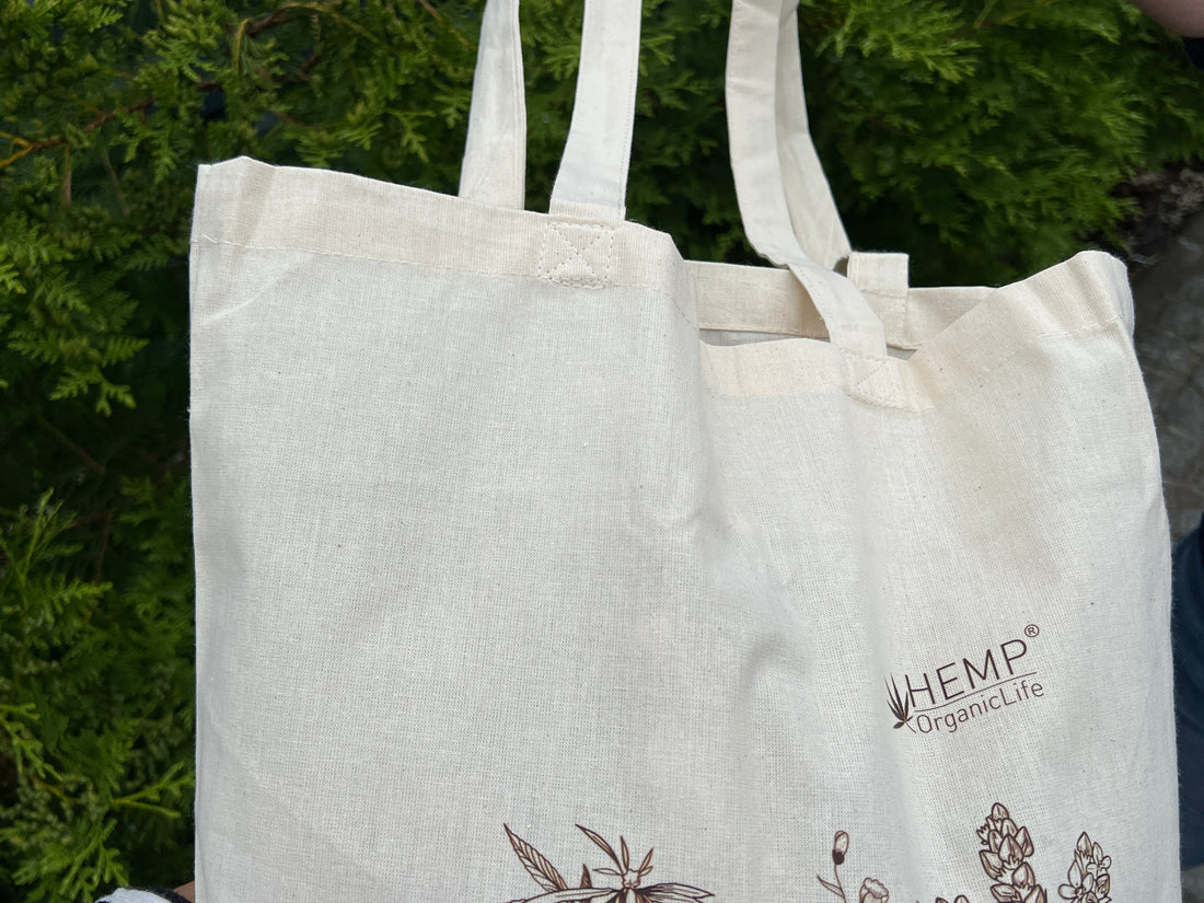 Tote Bag Canvas Bag "Hemp Organic Life" Natural Shopping Bag with print of plants Hemp Linen Buckwheat Hulls Shoulder Bags