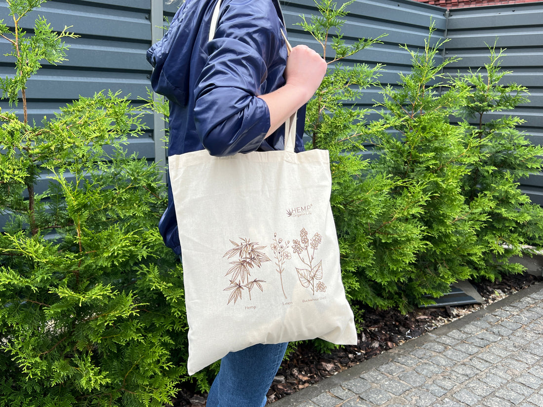 Tote Bag Canvas Bag "Hemp Organic Life" Natural Shopping Bag with print of plants Hemp Linen Buckwheat Hulls Shoulder Bags