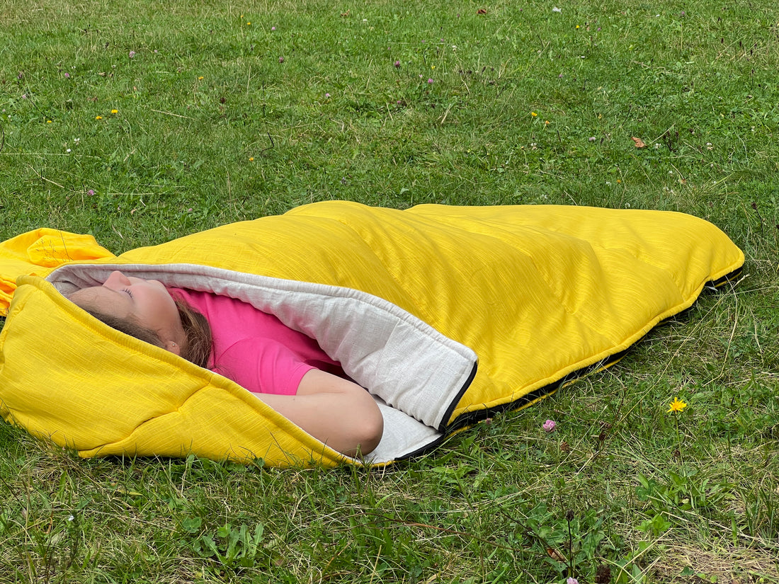 Toddler HEMP Linen Sleeping Bag with Hood School Yellow Nap mat for Kids, Toddler Nap Mat organic hemp fiber filling in hemp linen fabric