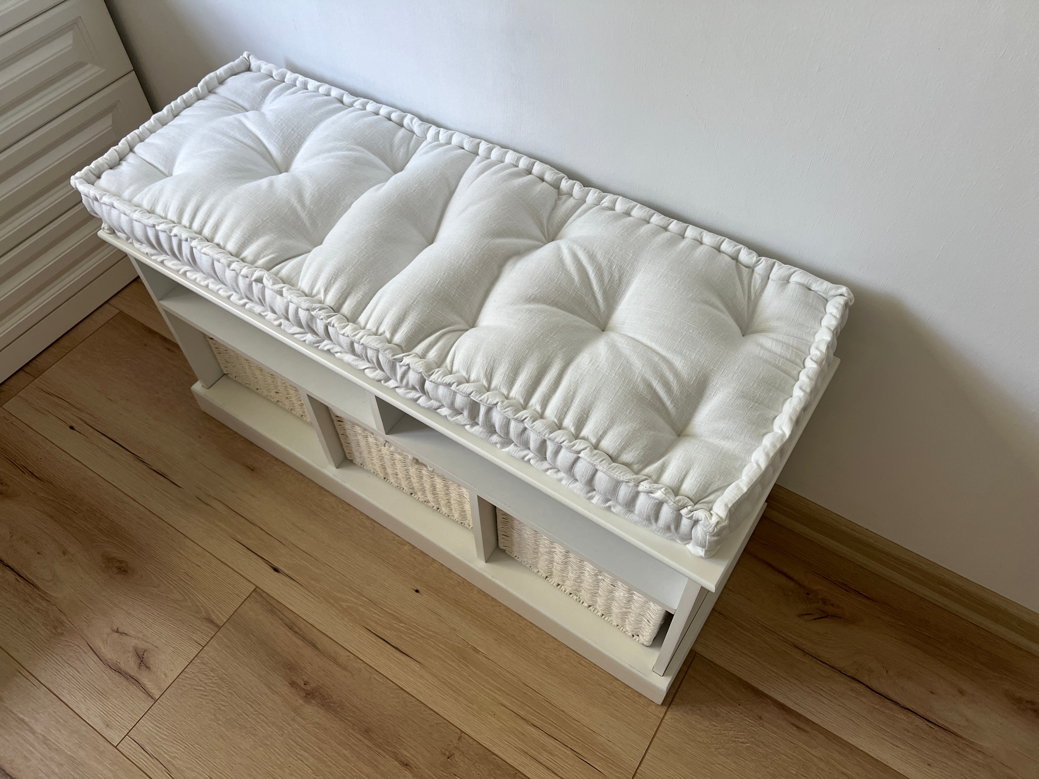 White Hemp Linen Window Mudroom Floor Bench Cushion filled organic Hemp Fiber filling in Linen Fabric Custom Made