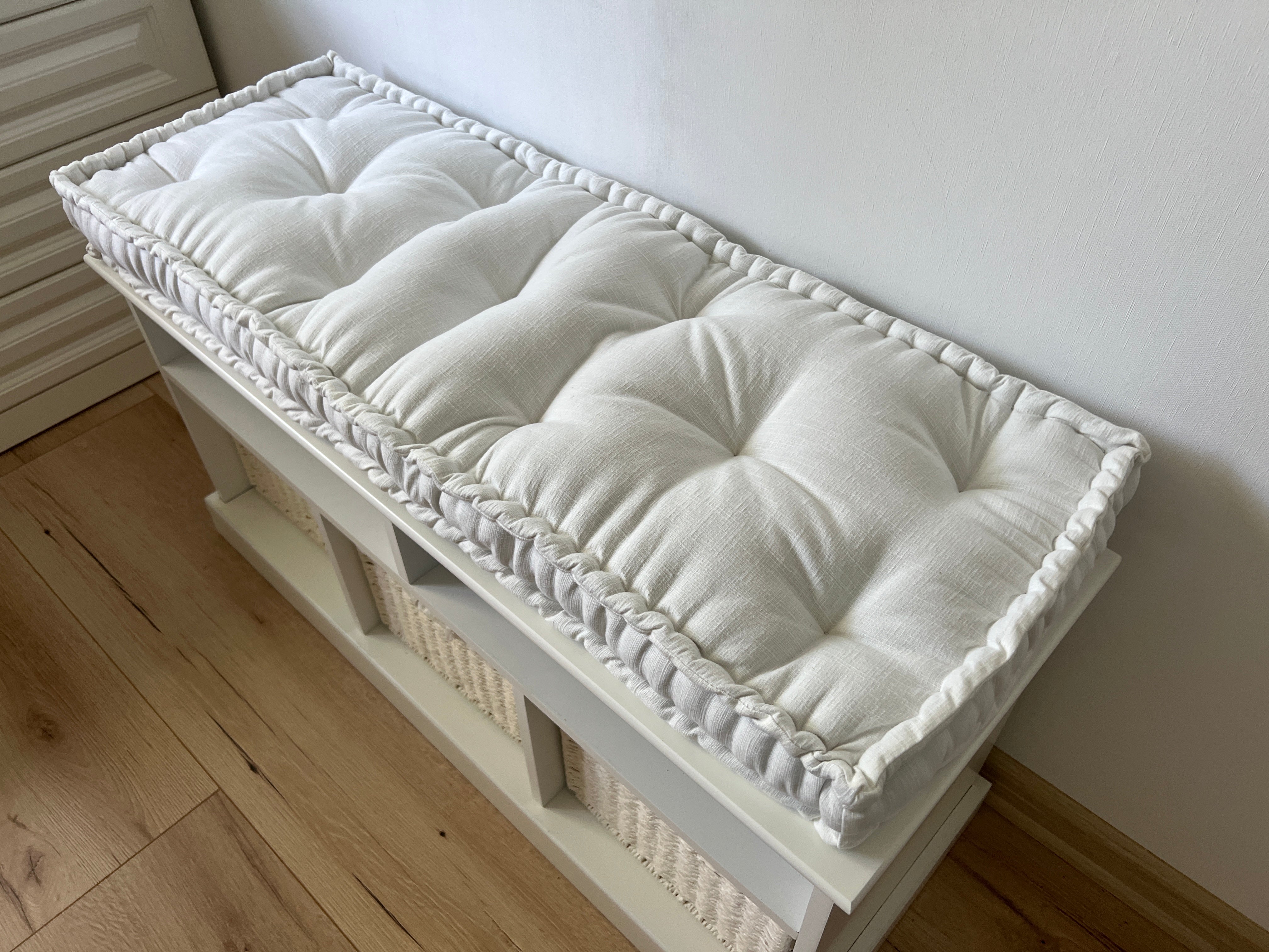 White Hemp Linen Window Mudroom Floor Bench Cushion filled organic Hemp Fiber filling in Linen Fabric Custom Made
