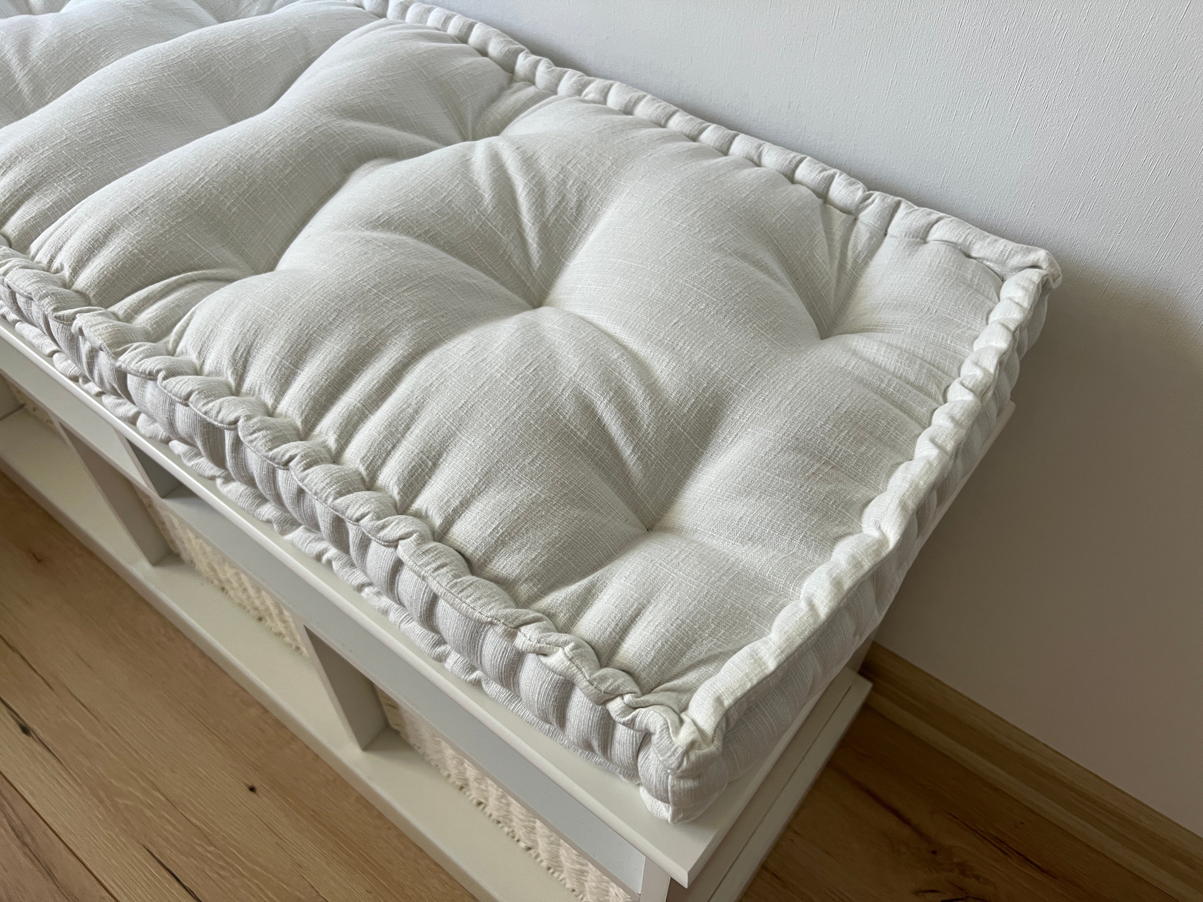 White Hemp Linen Window Mudroom Floor Bench Cushion filled organic Hemp Fiber filling in Linen Fabric Custom Made