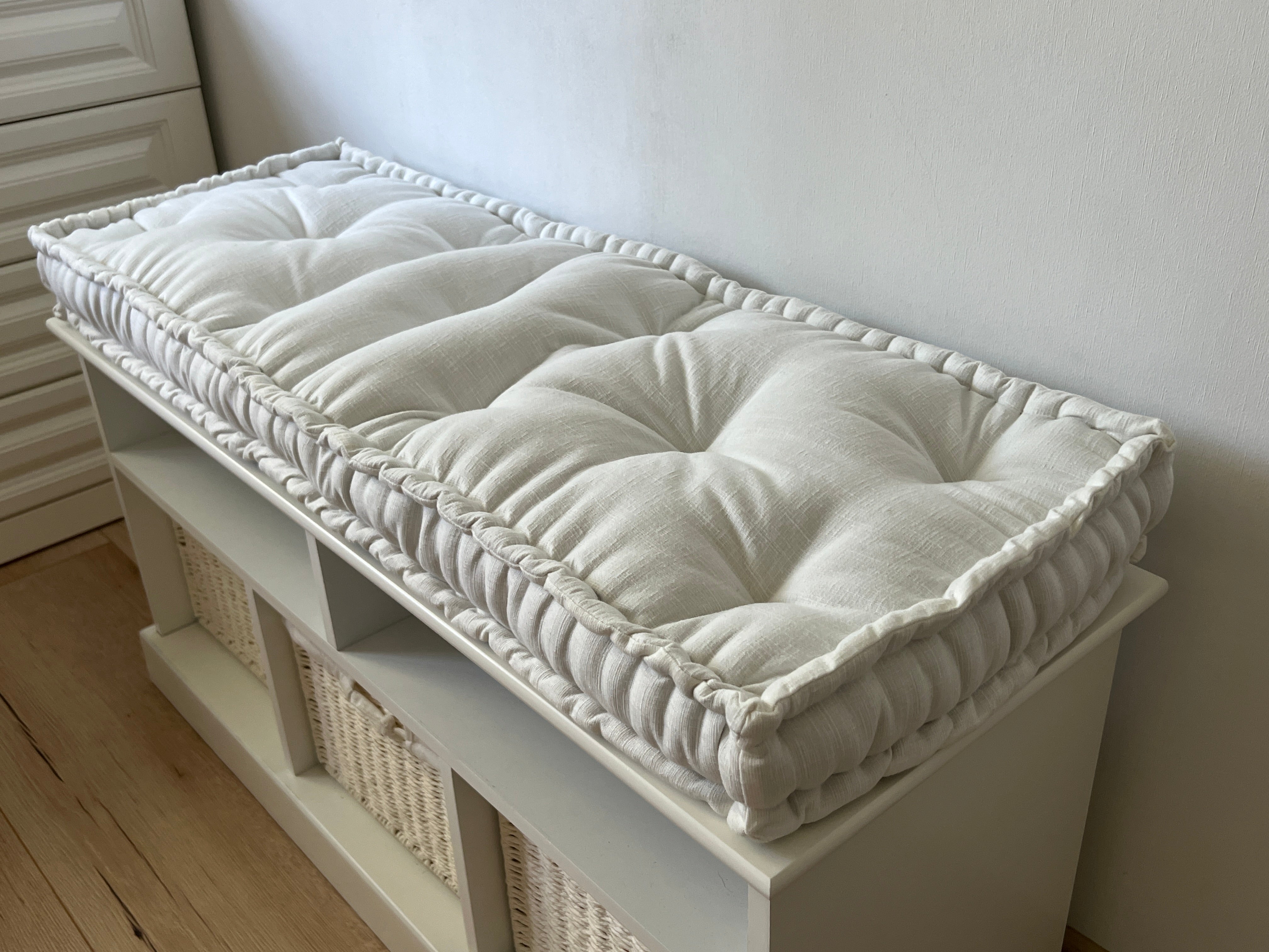 White Hemp Linen Window Mudroom Floor Bench Cushion filled organic Hemp Fiber filling in Linen Fabric Custom Made