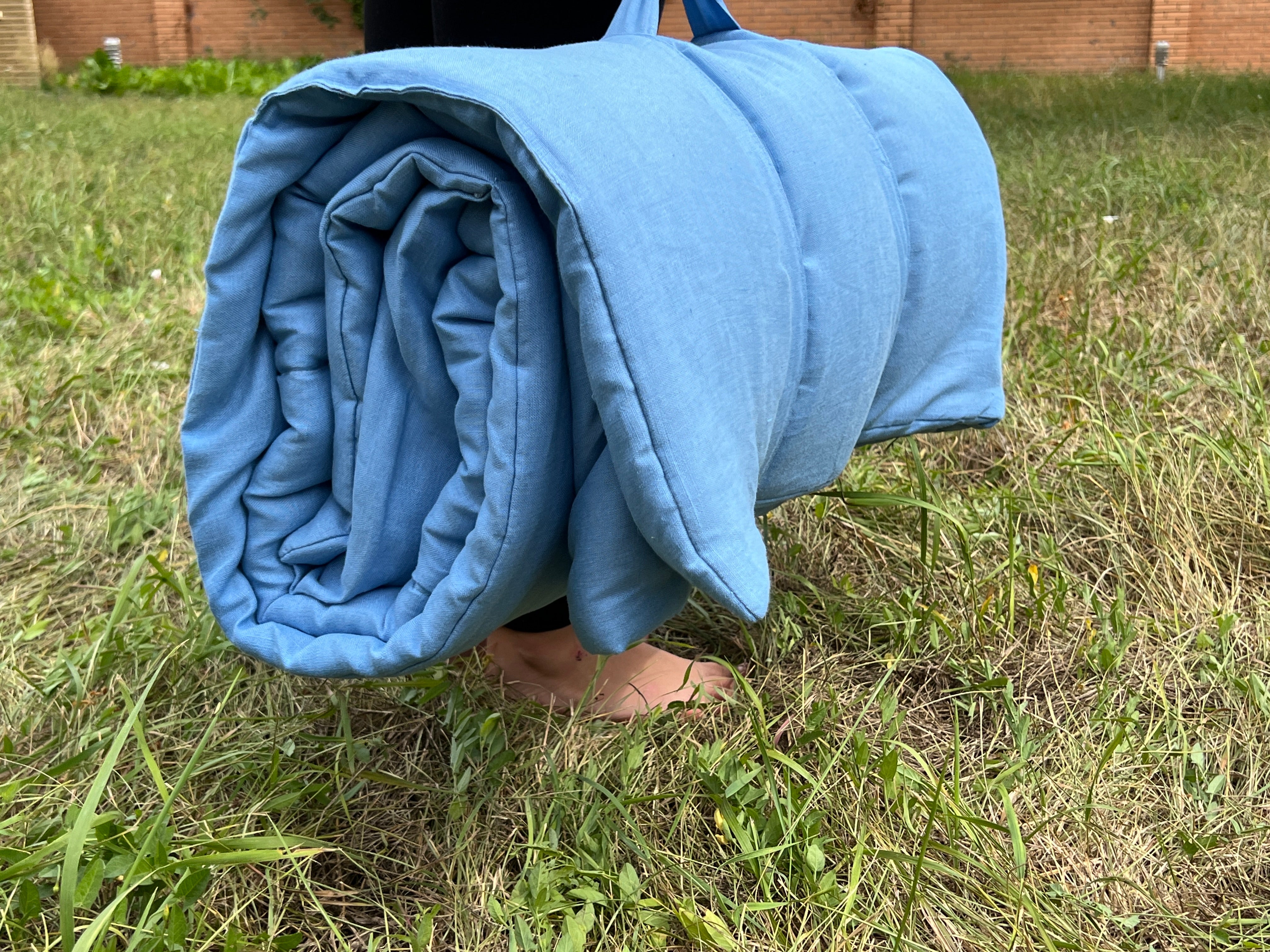 Kindergarten Hemp Linen Sleeping Bag with Pillow School Nap Mat Kids Organic Hemp Fiber Filling in blue Linen Fabric hand made