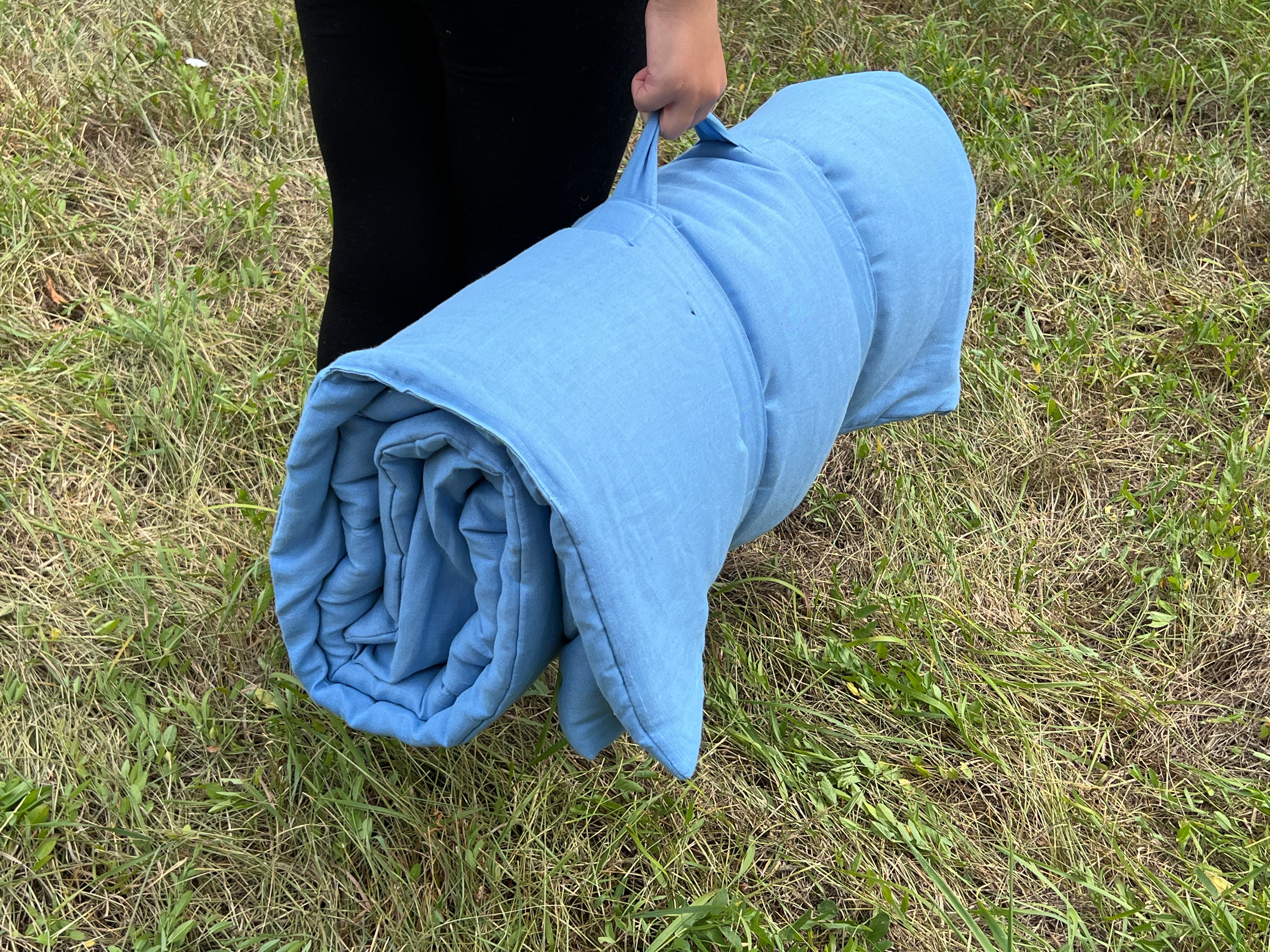 Kindergarten Hemp Linen Sleeping Bag with Pillow School Nap Mat Kids Organic Hemp Fiber Filling in blue Linen Fabric hand made