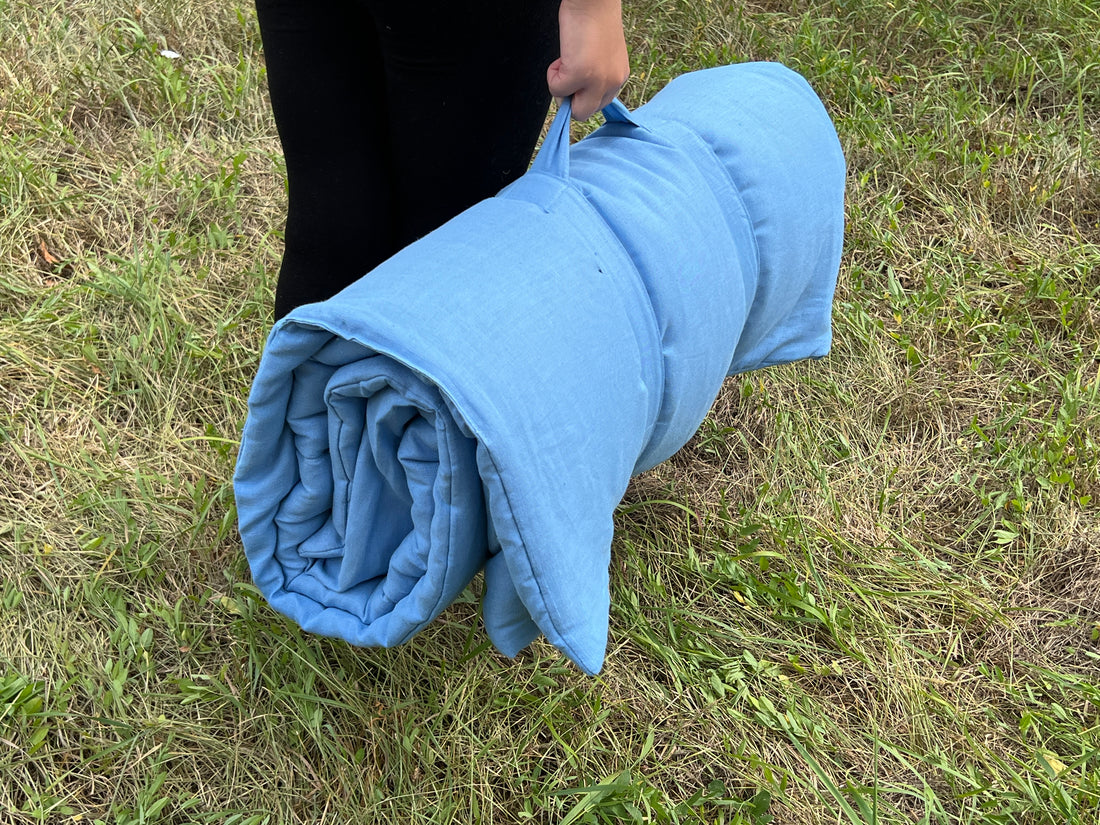 Blue Kindergarten Hemp Linen Sleeping Bag with Pillow School Nap Mat Kids Organic Hemp Fiber Filling in blue Linen Fabric hand made