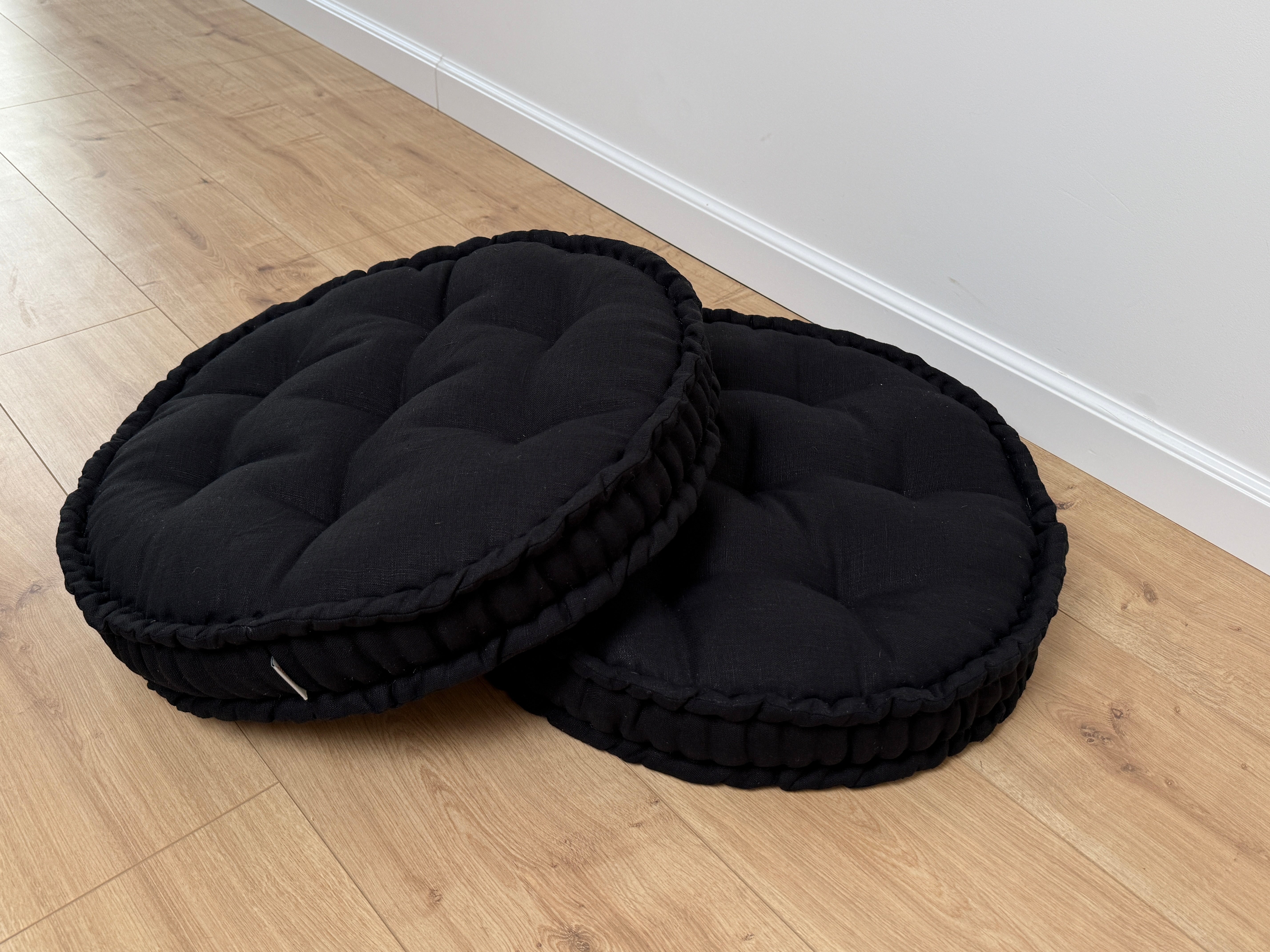 Black Round Hemp Cushion Hemp fiber filling in Linen fabric natural organic Floor cushion Meditation pillow custom made size