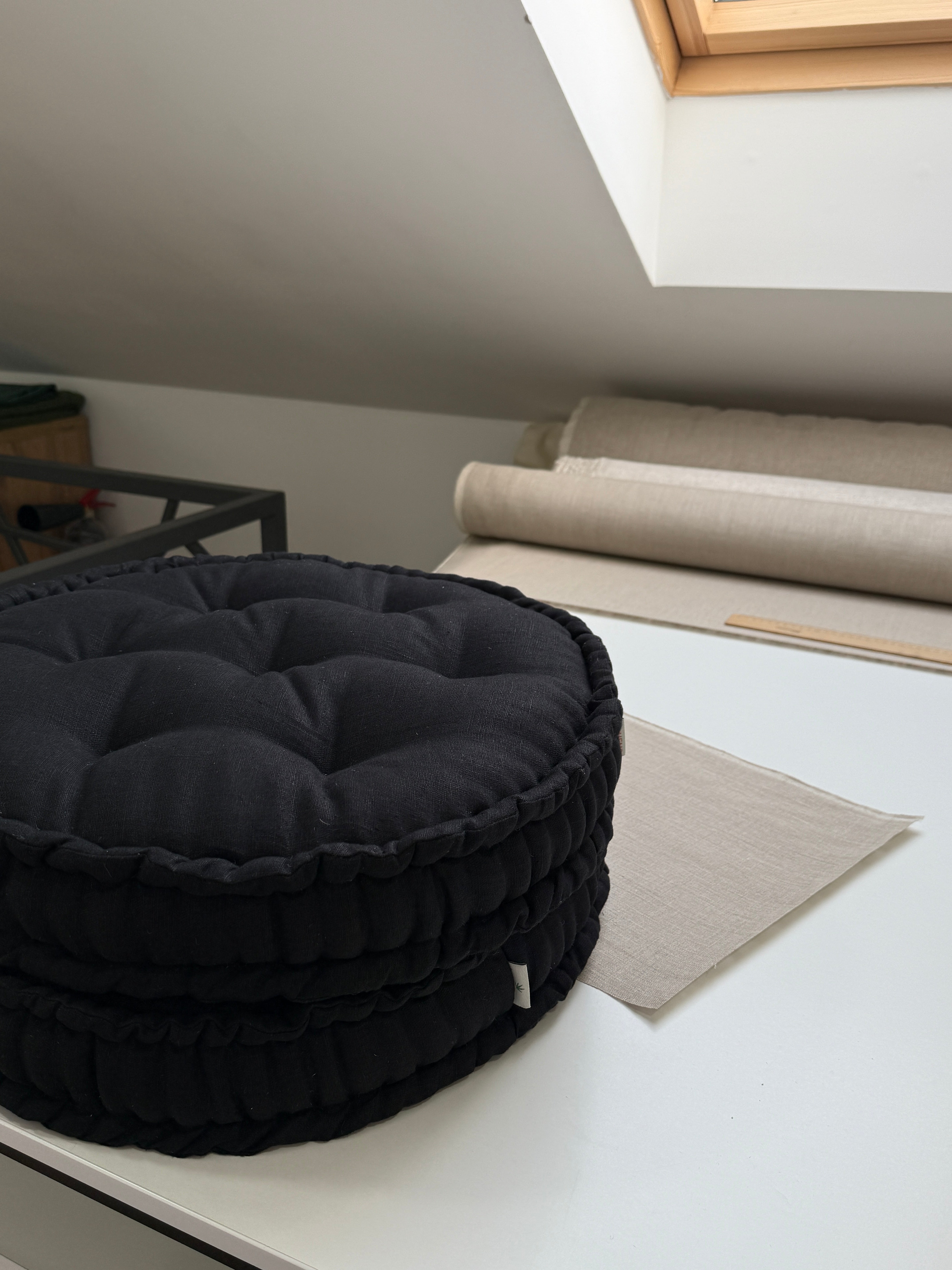 Black Round Hemp Cushion Hemp fiber filling in Linen fabric natural organic Floor cushion Meditation pillow custom made size