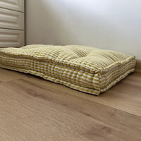 16" x 16" (40x40 cm) Hemp Custom made Window Mudroom Floor bench cushion "Lemon Stripes" filled organic hemp fiber in natural linen fabric