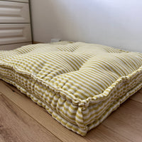 16" x 16" (40x40 cm) Hemp Custom made Window Mudroom Floor bench cushion "Lemon Stripes" filled organic hemp fiber in natural linen fabric