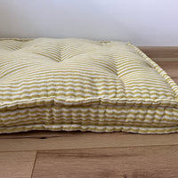 16" x 16" (40x40 cm) Hemp Custom made Window Mudroom Floor bench cushion "Lemon Stripes" filled organic hemp fiber in natural linen fabric