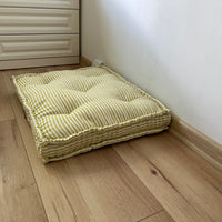16" x 16" (40x40 cm) Hemp Custom made Window Mudroom Floor bench cushion "Lemon Stripes" filled organic hemp fiber in natural linen fabric