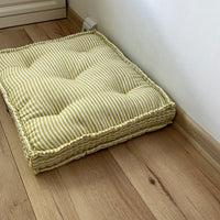 16" x 16" (40x40 cm) Hemp Custom made Window Mudroom Floor bench cushion "Lemon Stripes" filled organic hemp fiber in natural linen fabric