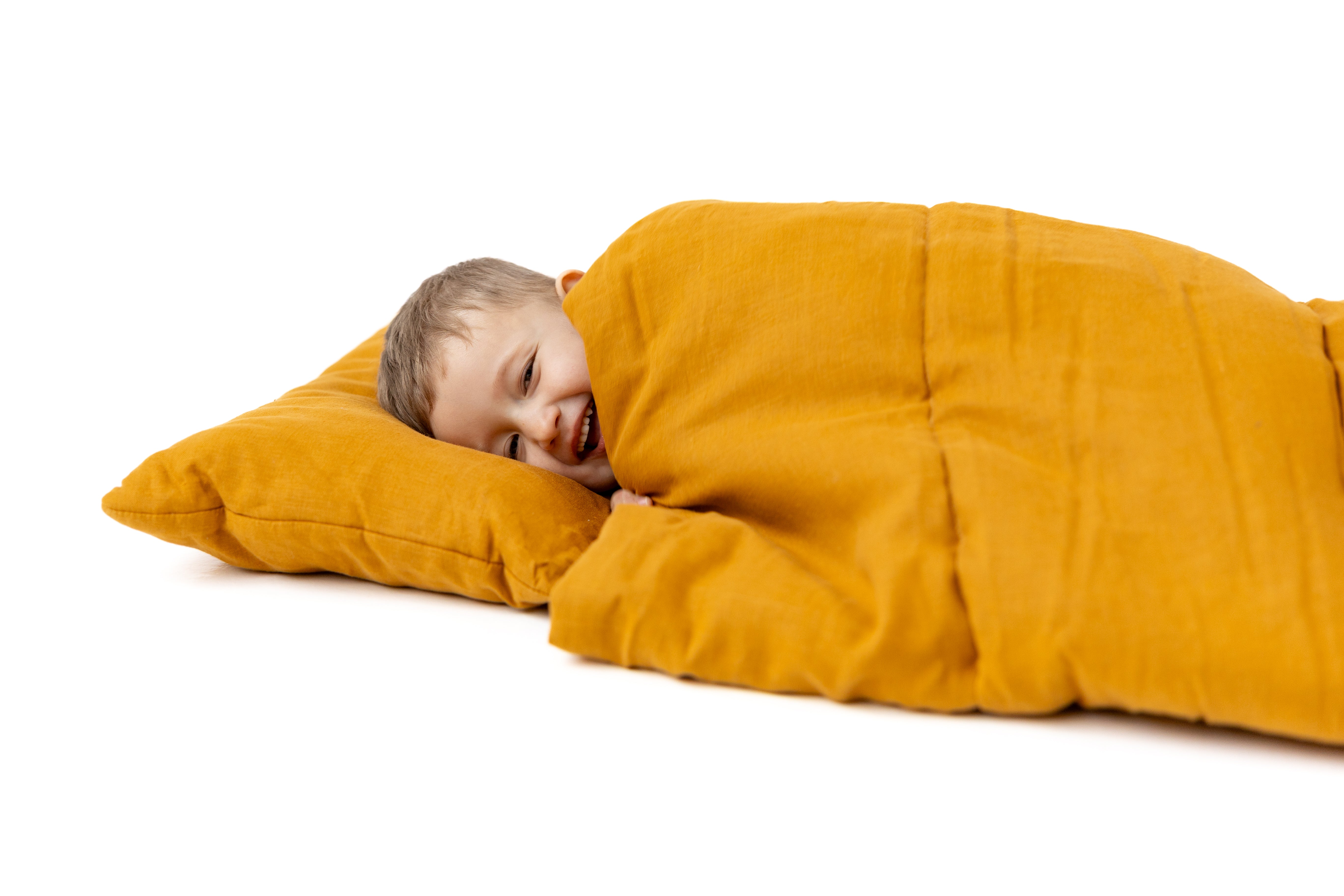 Kindergarten Hemp Linen Sleeping Bag with Pillow School Nap Mat Kids Organic Hemp Fiber Filling in mustard Linen Fabric hand made