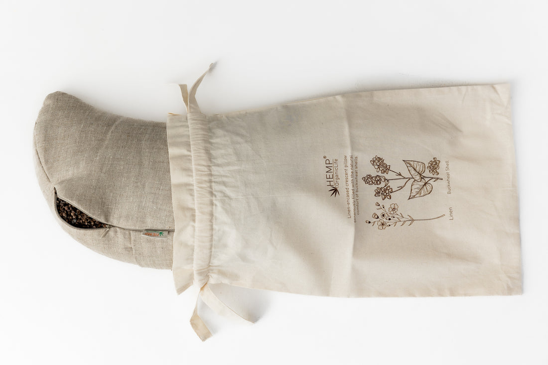 Linen-encased Crescent Pillow filled organic Buckwheat hulls + Gift Bag / meditation cushion