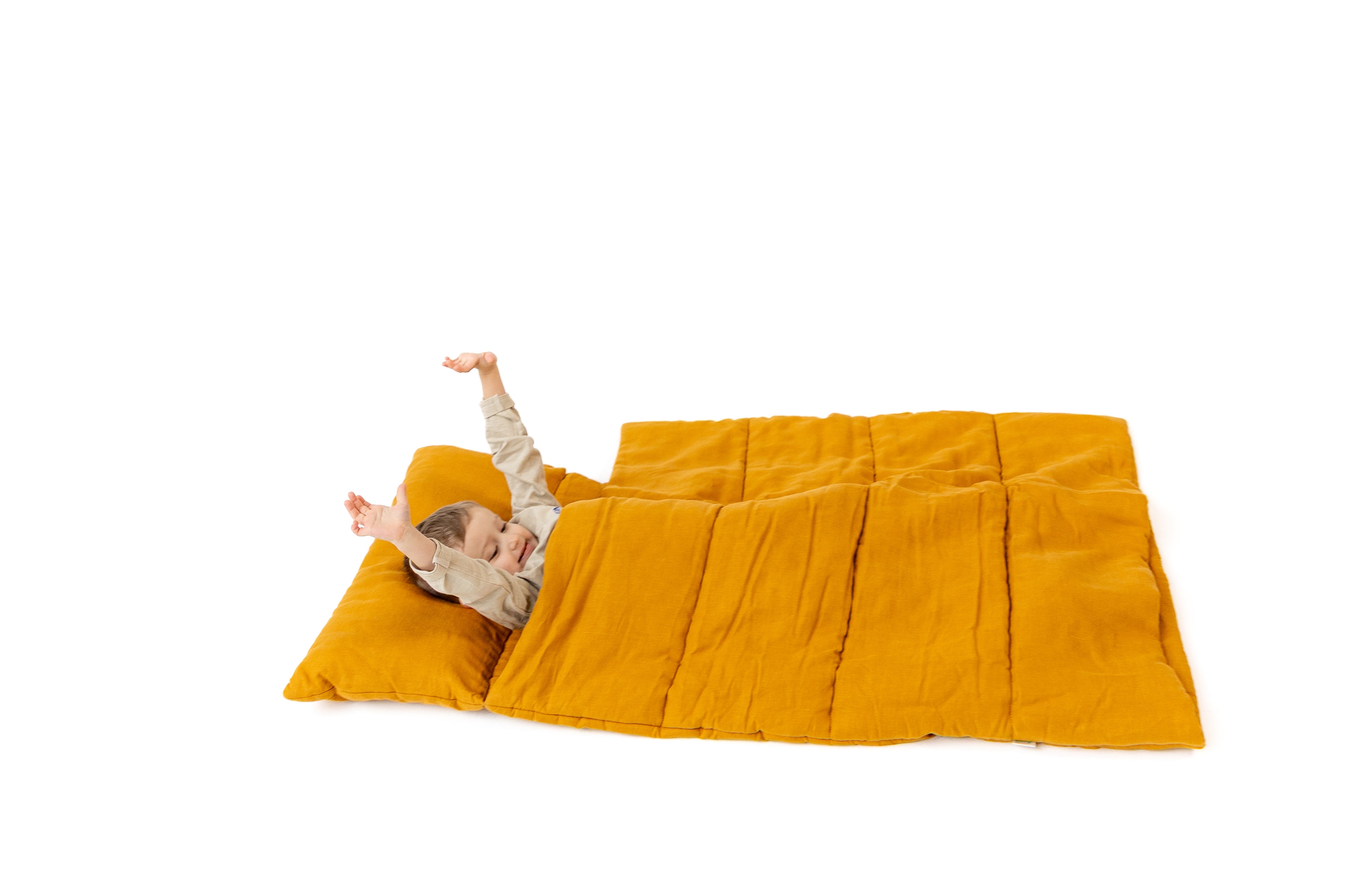 Kindergarten Hemp Linen Sleeping Bag with Pillow School Nap Mat Kids Organic Hemp Fiber Filling in mustard Linen Fabric hand made