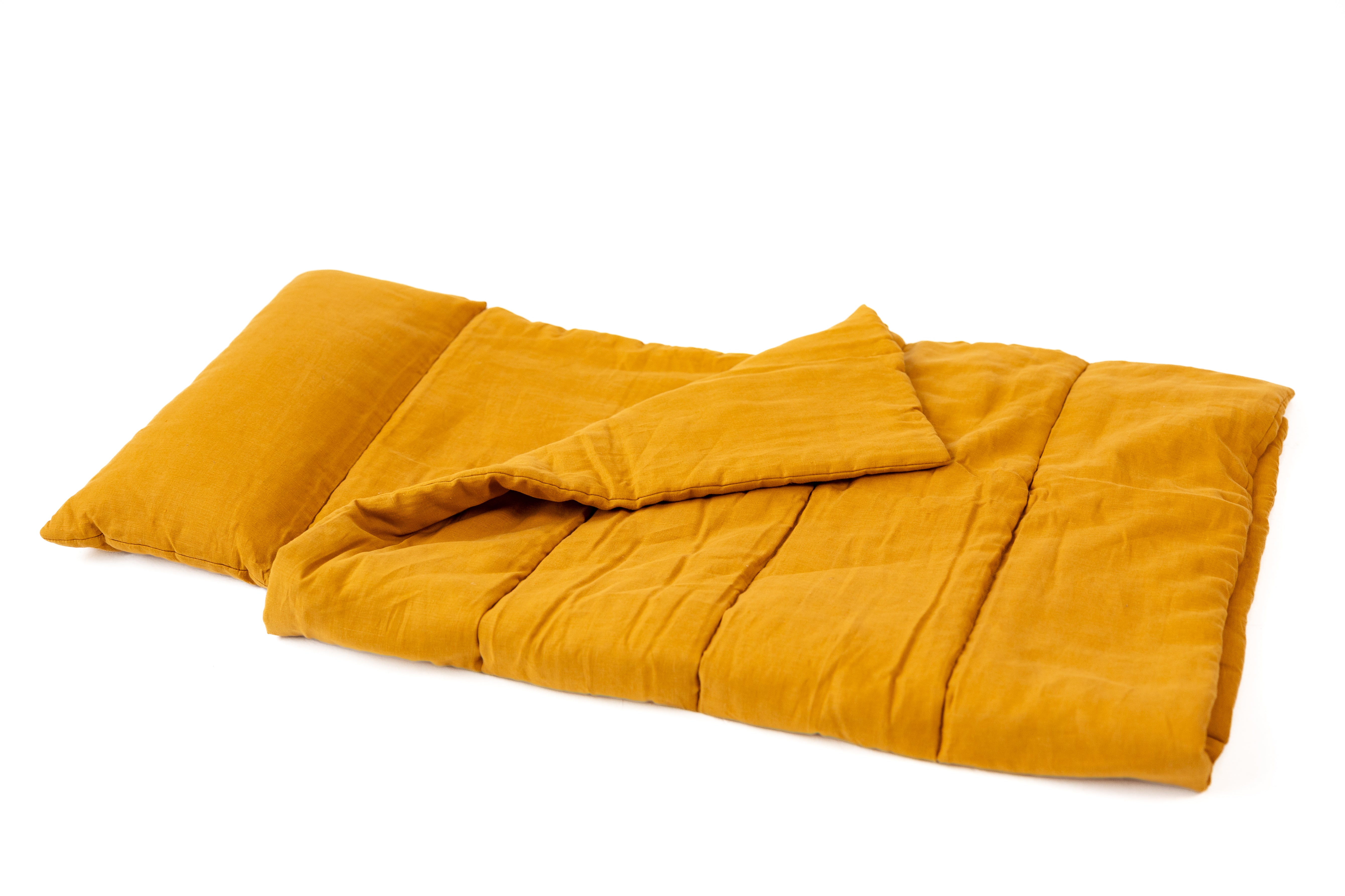 Kindergarten Hemp Linen Sleeping Bag with Pillow School Nap Mat Kids Organic Hemp Fiber Filling in mustard Linen Fabric hand made
