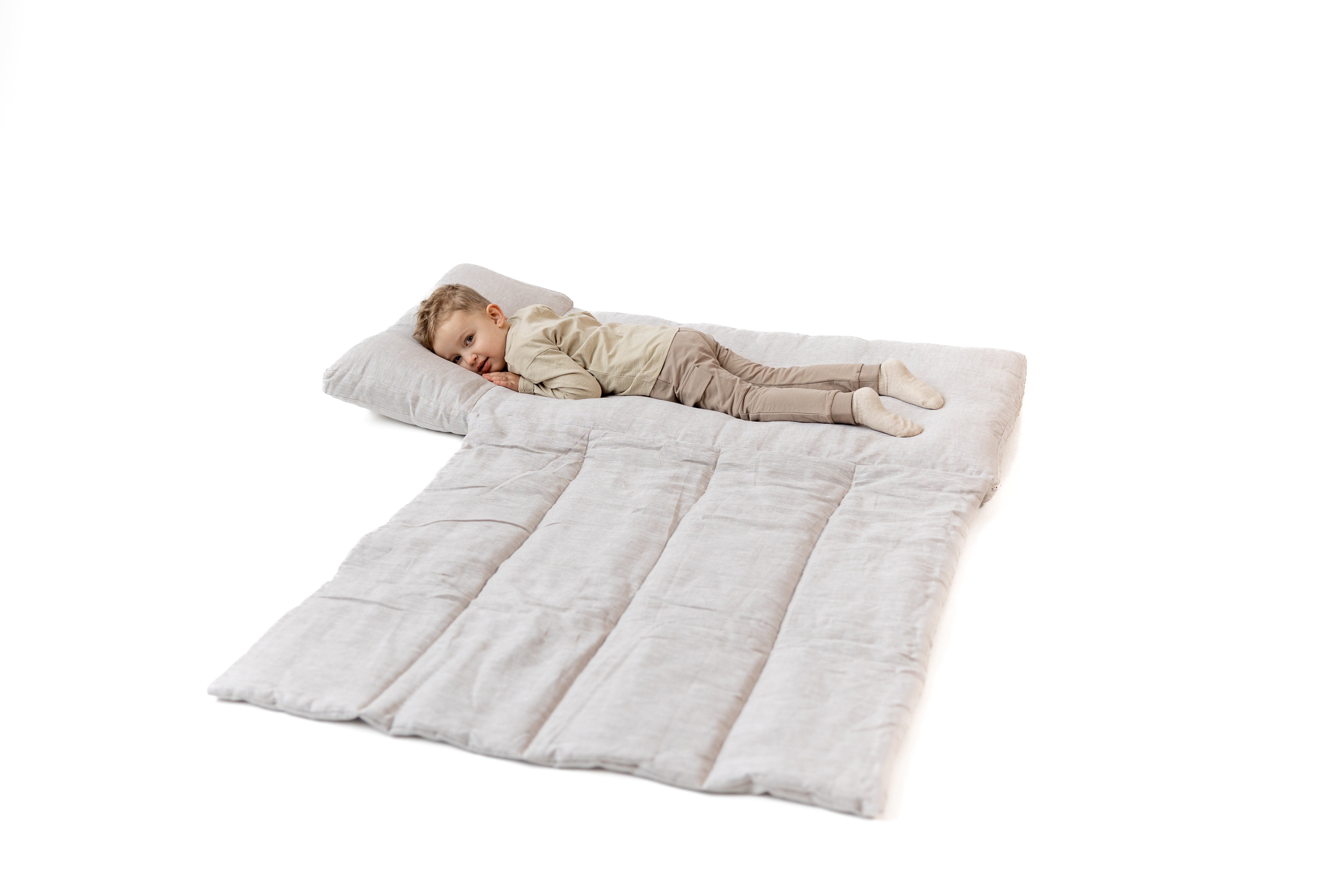 25"Wx52"L(64x132cm) Kids Hemp Linen Sleeping Bag with Mat, Pillow & Removable Cover/Kindergarten Nap/Preschool/Hemp Fiber Filling in Linen