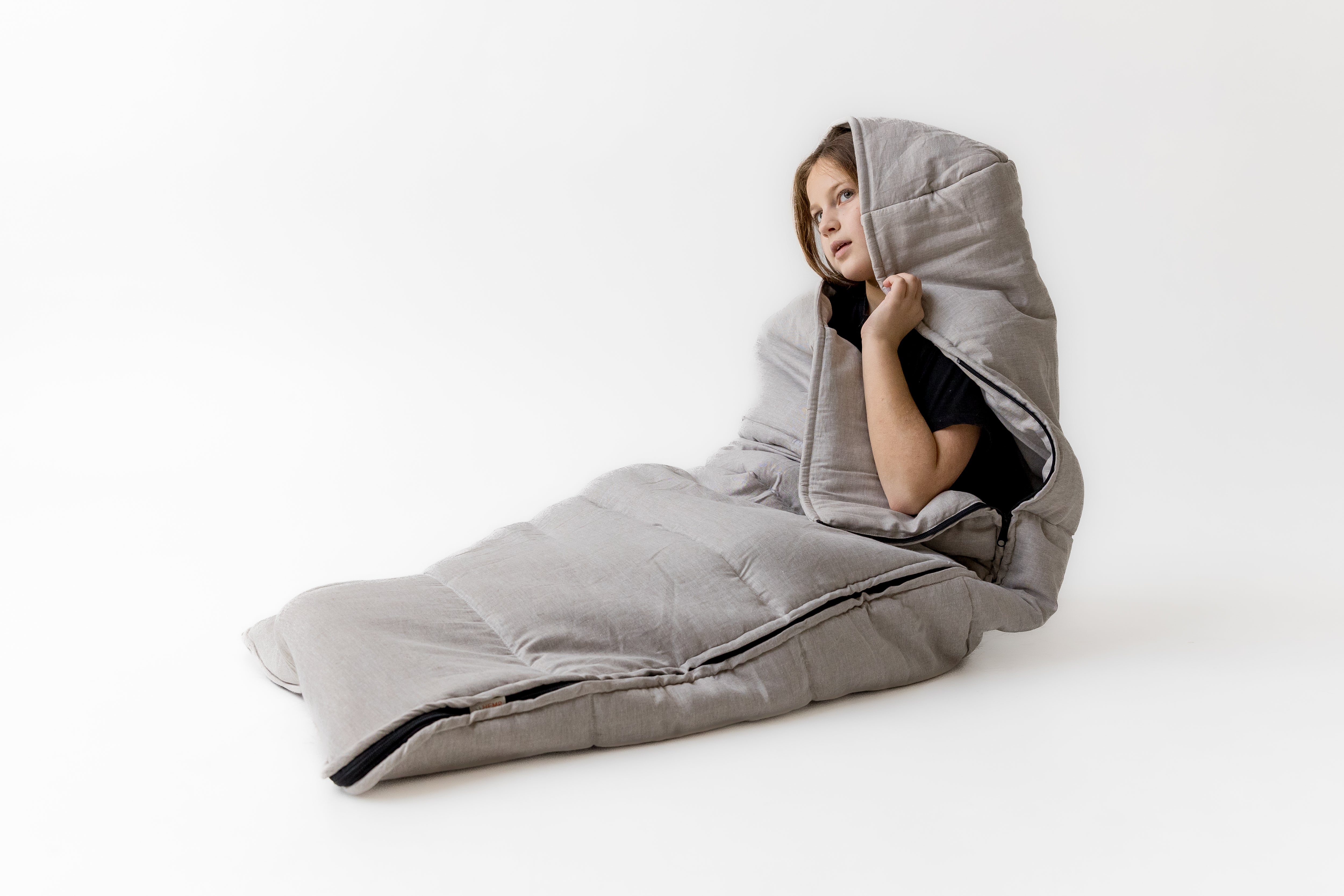 Natural Kids HEMP Linen Sleeping Bag with Hood School Nap mat for Kids, camping van sleeping bag organic hemp fiber filling