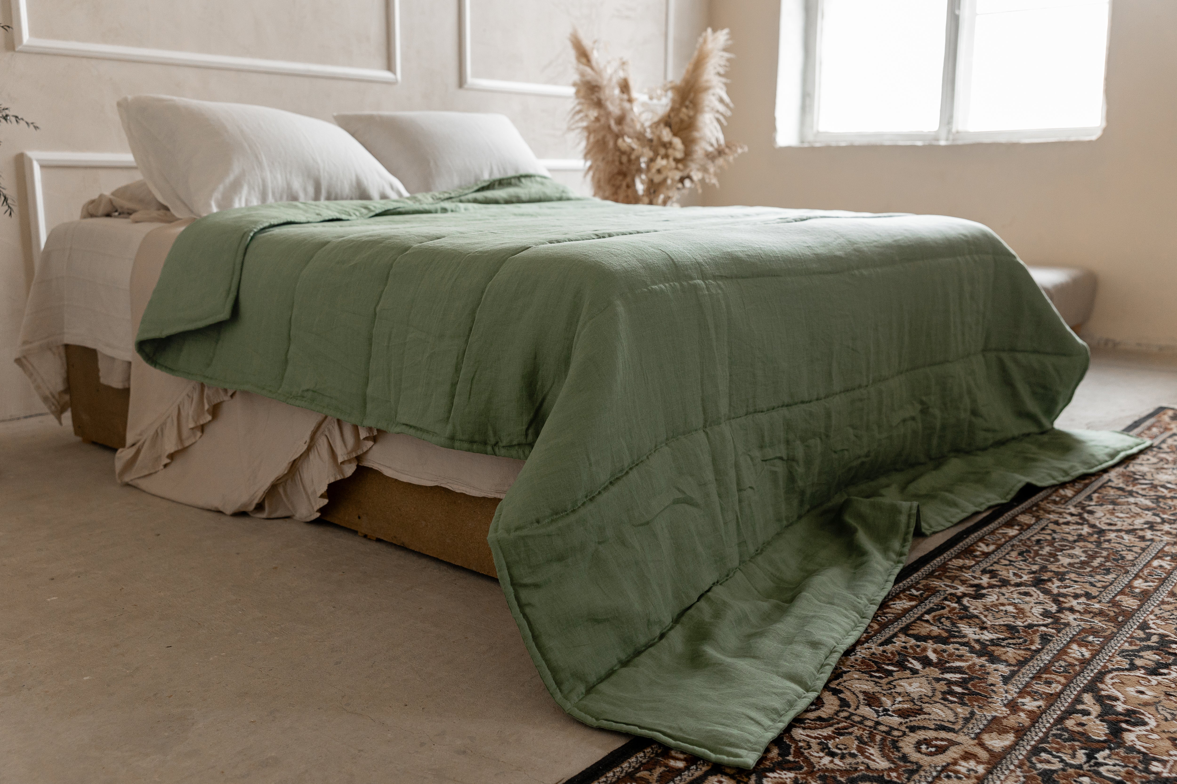 Natural Hemp Linen Blanket "light olive" quilt - linen fabric filled organic Hemp fiber - Full Twin Queen King Custom size