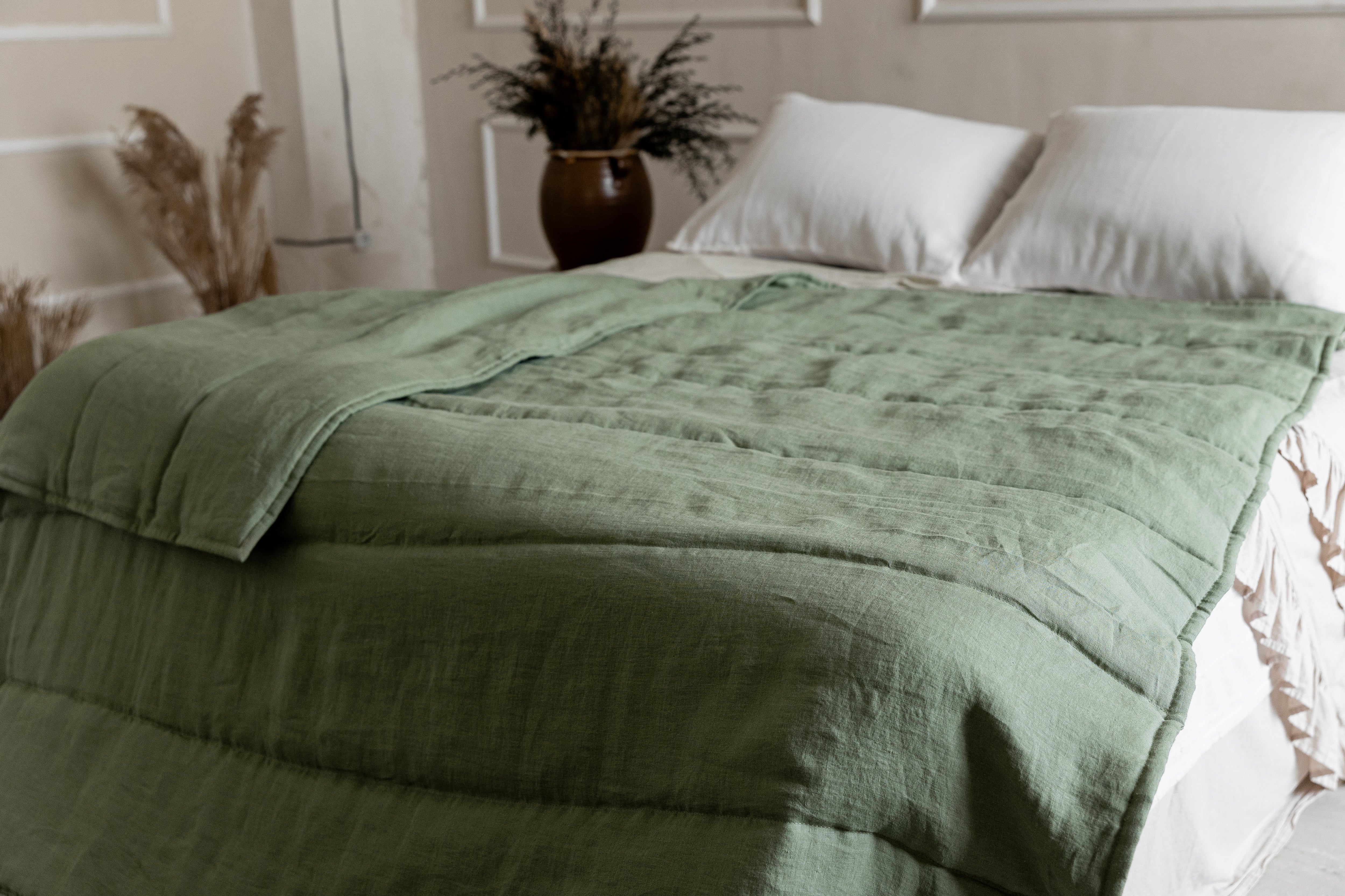 Natural Hemp Linen Blanket "light olive" quilt - linen fabric filled organic Hemp fiber - Full Twin Queen King Custom size