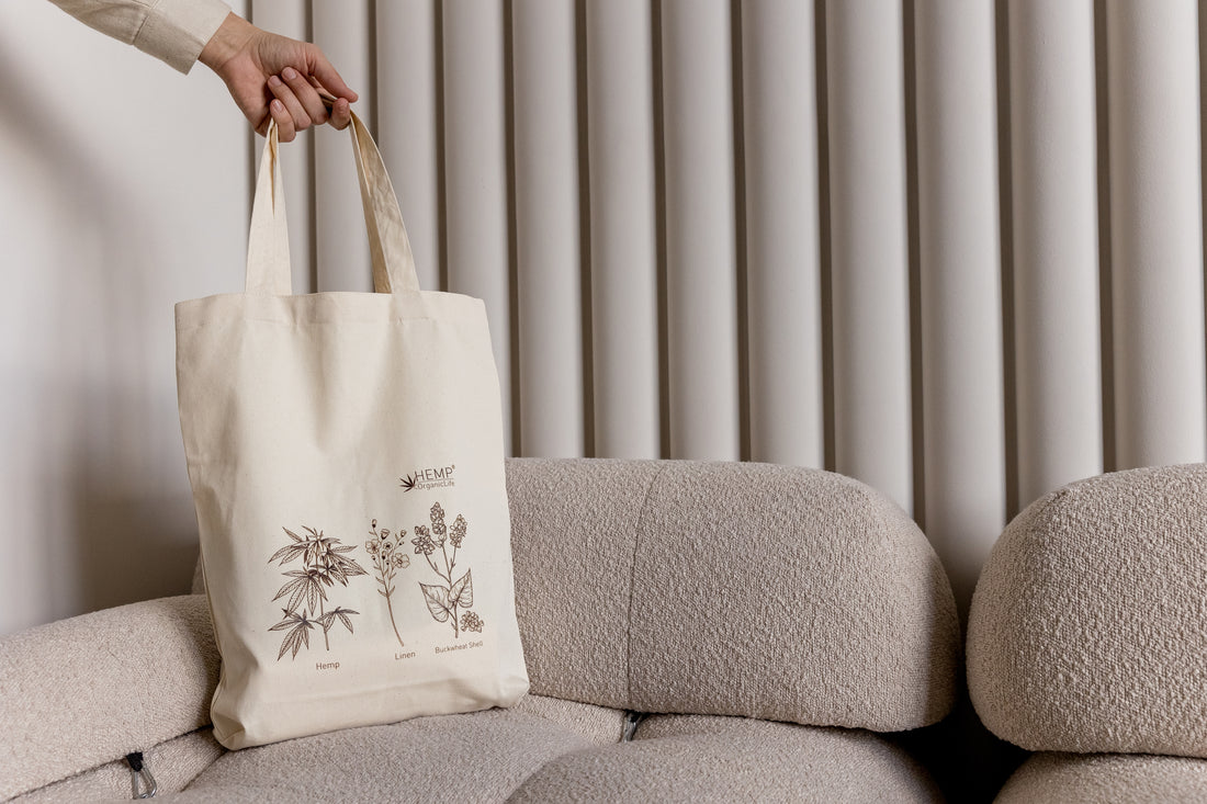 Tote Bag Canvas Bag "Hemp Organic Life" Natural Shopping Bag with print of plants Hemp Linen Buckwheat Hulls Shoulder Bags