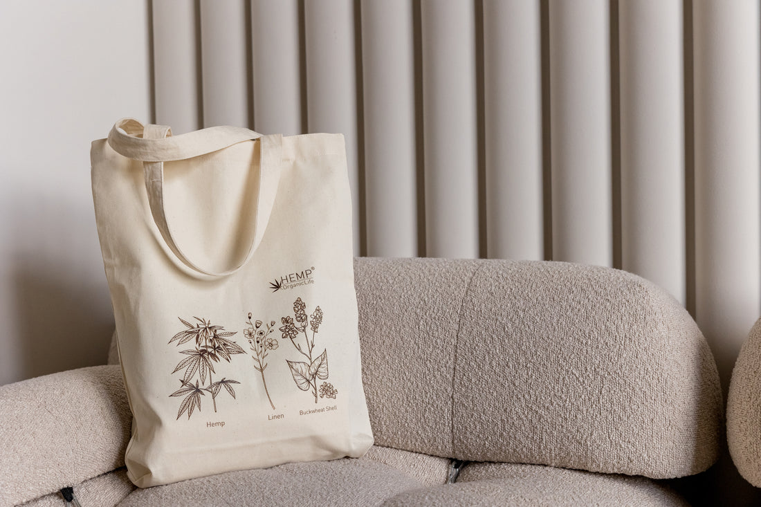 Tote Bag Canvas Bag "Hemp Organic Life" Natural Shopping Bag with print of plants Hemp Linen Buckwheat Hulls Shoulder Bags