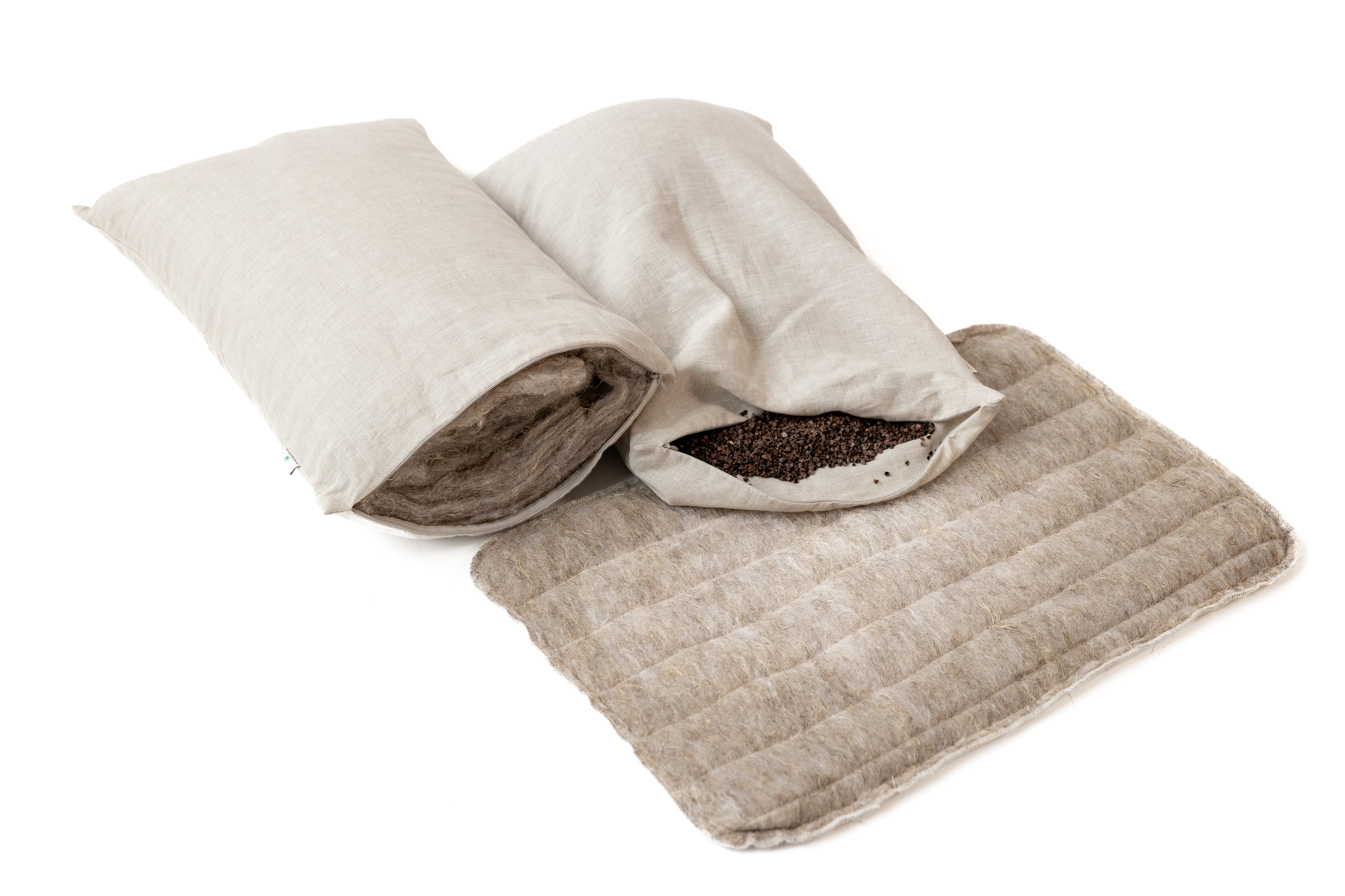 One Cover + Two Pillows Hemp quilted cover with Hemp filled pillow & Buckwheat hulls pillow Natural Choice for Conscious Sleep