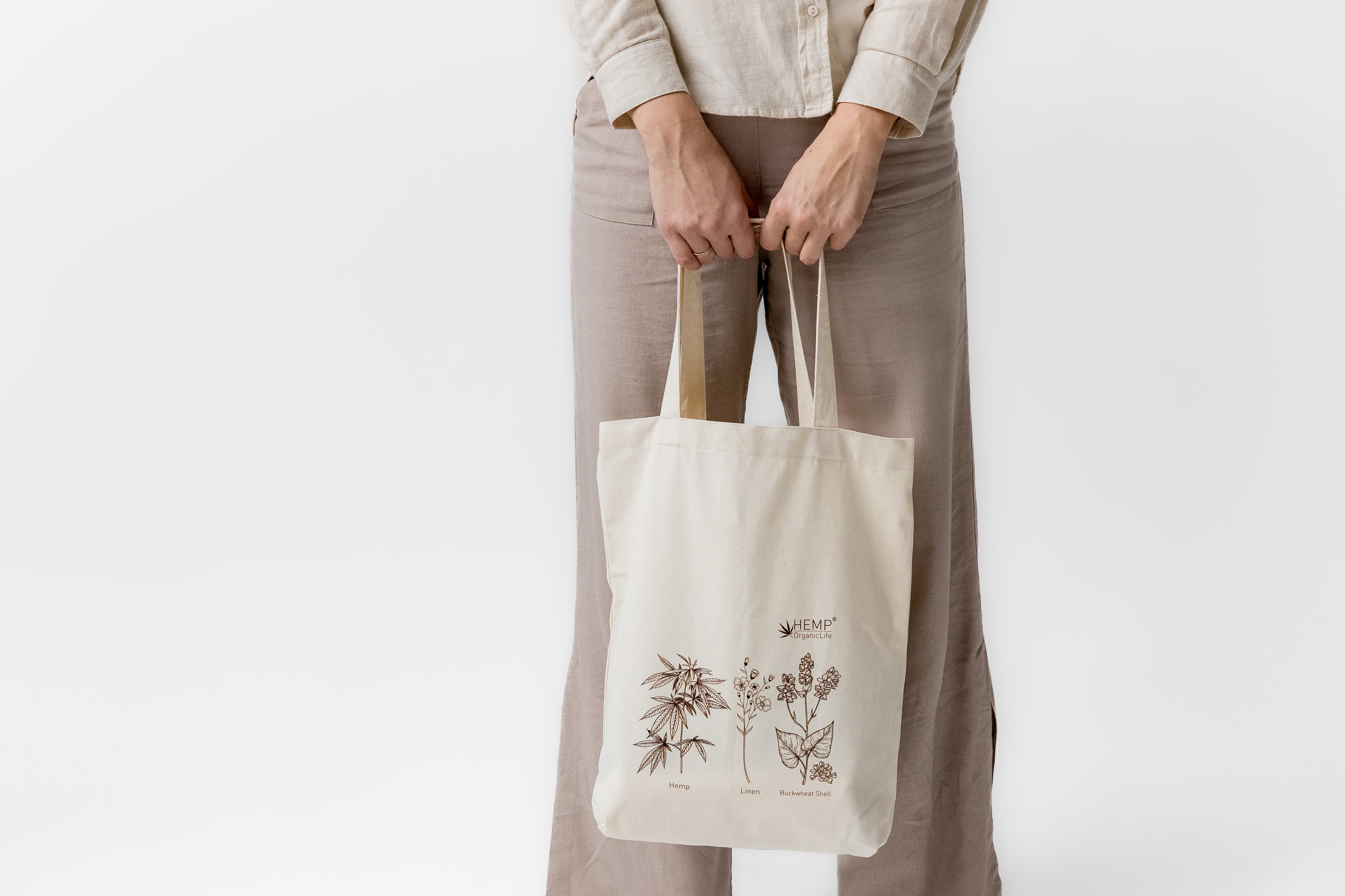 Tote Bag Canvas Bag "Hemp Organic Life" Natural Shopping Bag with print of plants Hemp Linen Buckwheat Hulls Shoulder Bags