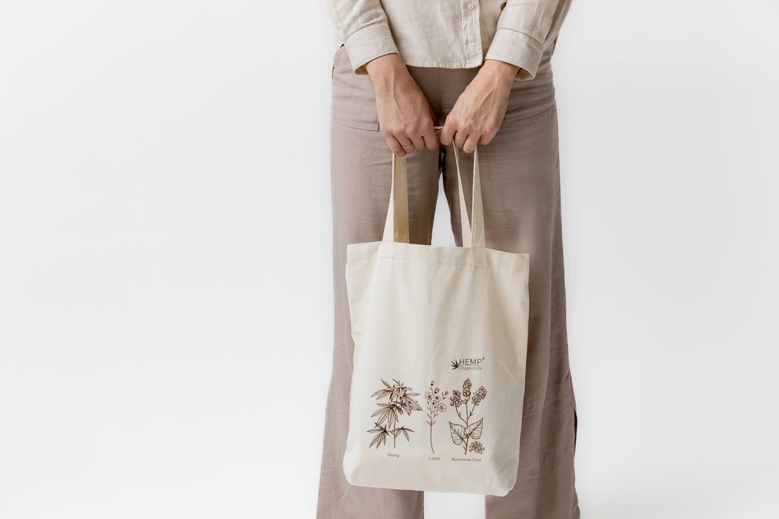 Tote Bag Canvas Bag "Hemp Organic Life" Natural Shopping Bag with print of plants Hemp Linen Buckwheat Hulls Shoulder Bags