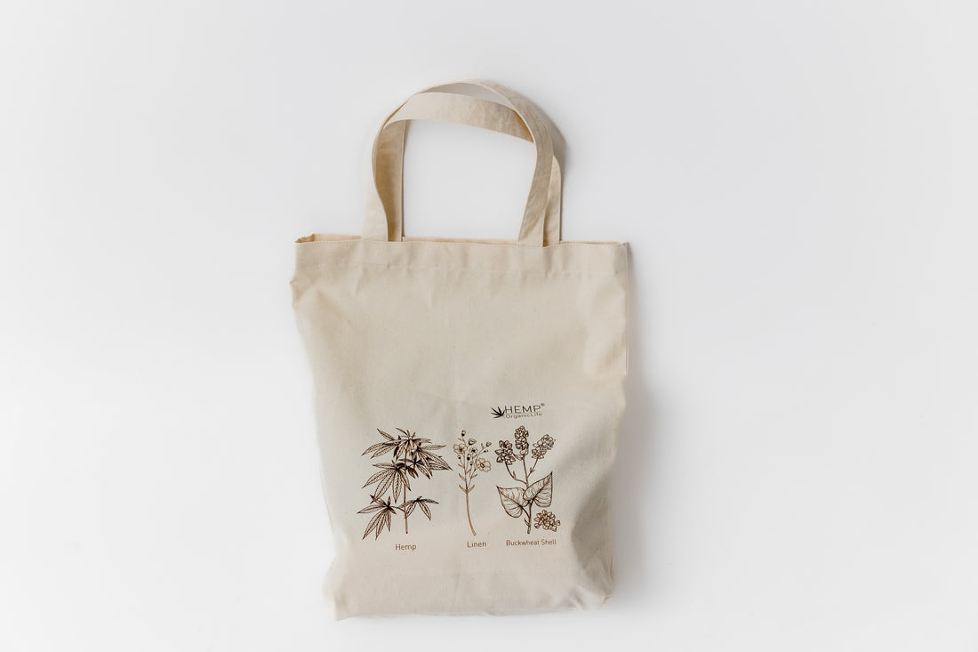 Tote Bag Canvas Bag "Hemp Organic Life" Natural Shopping Bag with print of plants Hemp Linen Buckwheat Hulls Shoulder Bags