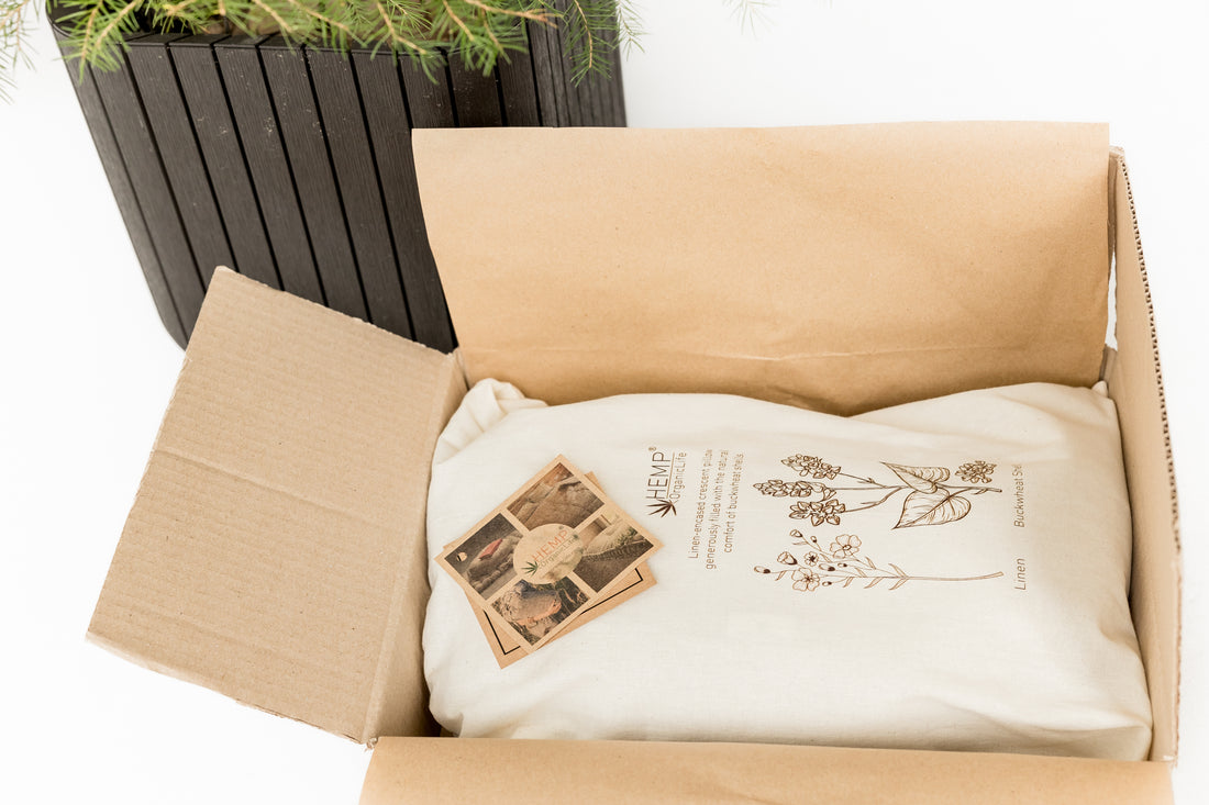 Linen-encased Crescent Pillow filled organic Buckwheat hulls + Gift Bag / meditation cushion