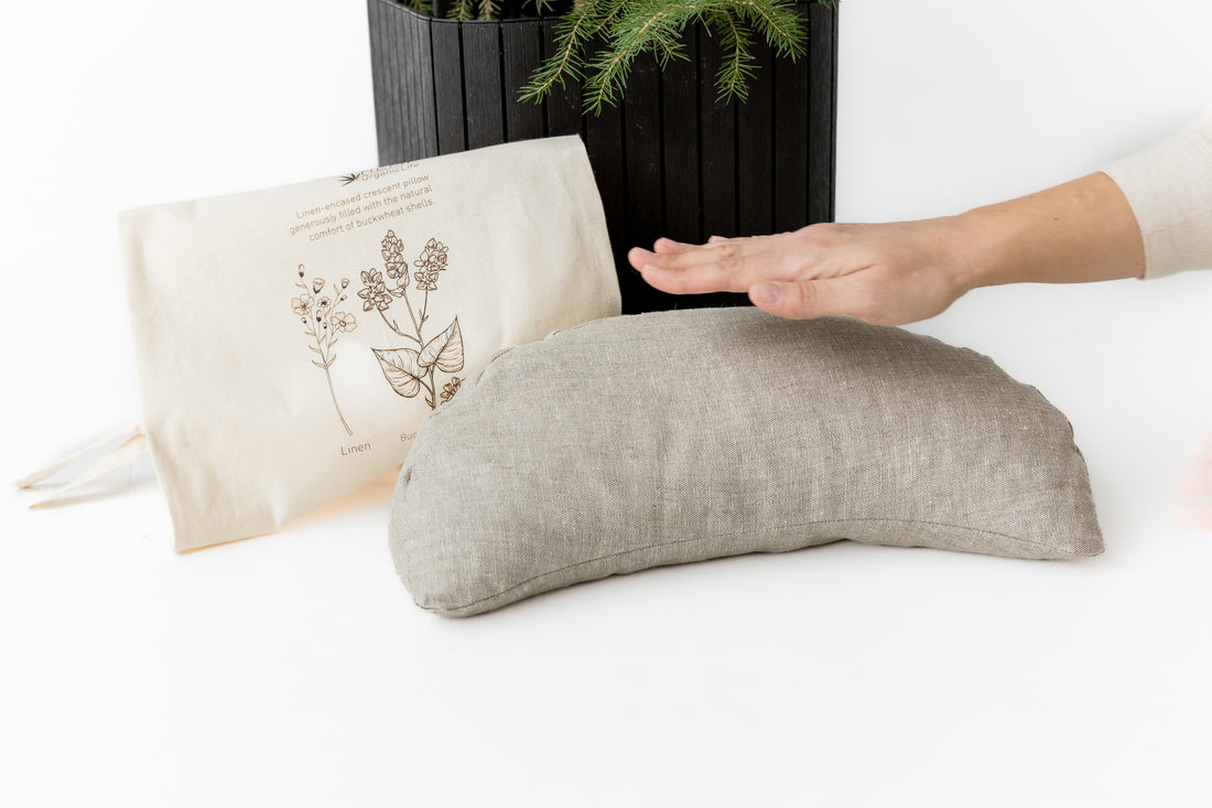 Linen-encased Crescent Pillow generously filled with the natural comfort of Buckwheat Shells + Gift Bag / meditation cushion Christmas gift