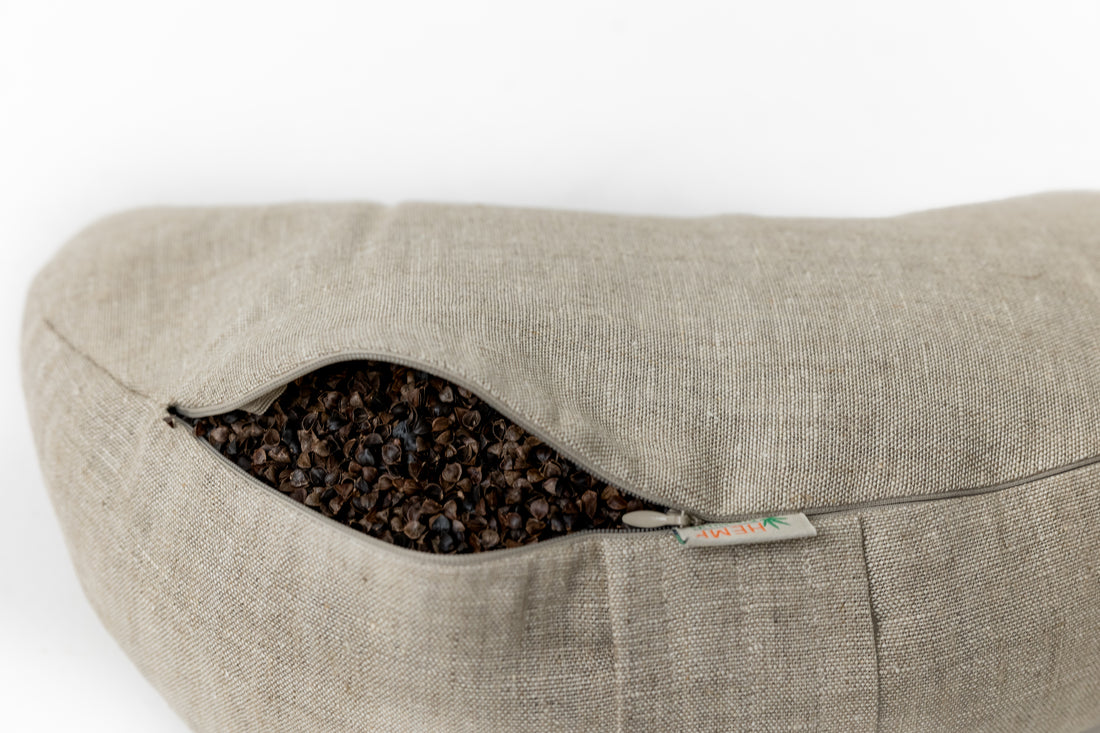 Linen-encased Crescent Pillow filled organic Buckwheat hulls + Gift Bag / meditation cushion