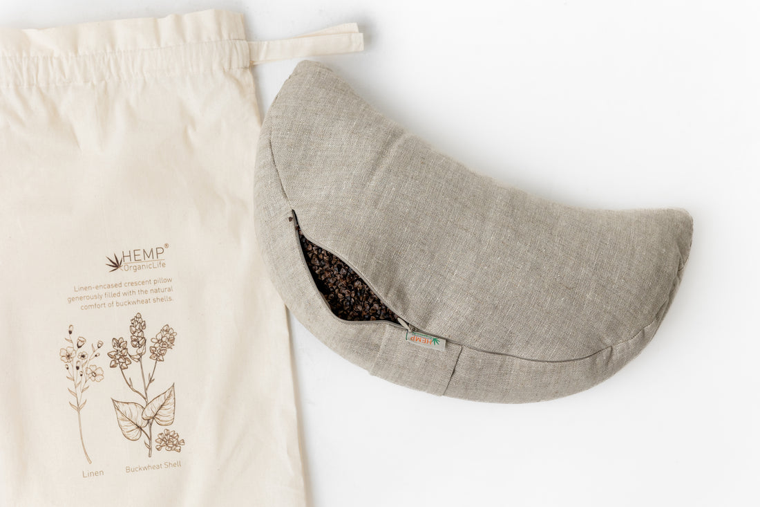 Linen-encased Crescent Pillow filled organic Buckwheat hulls + Gift Bag / meditation cushion
