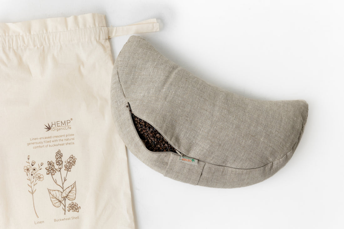Linen-encased Crescent Pillow generously filled with the natural comfort of Buckwheat Shells + Gift Bag / meditation cushion Christmas gift