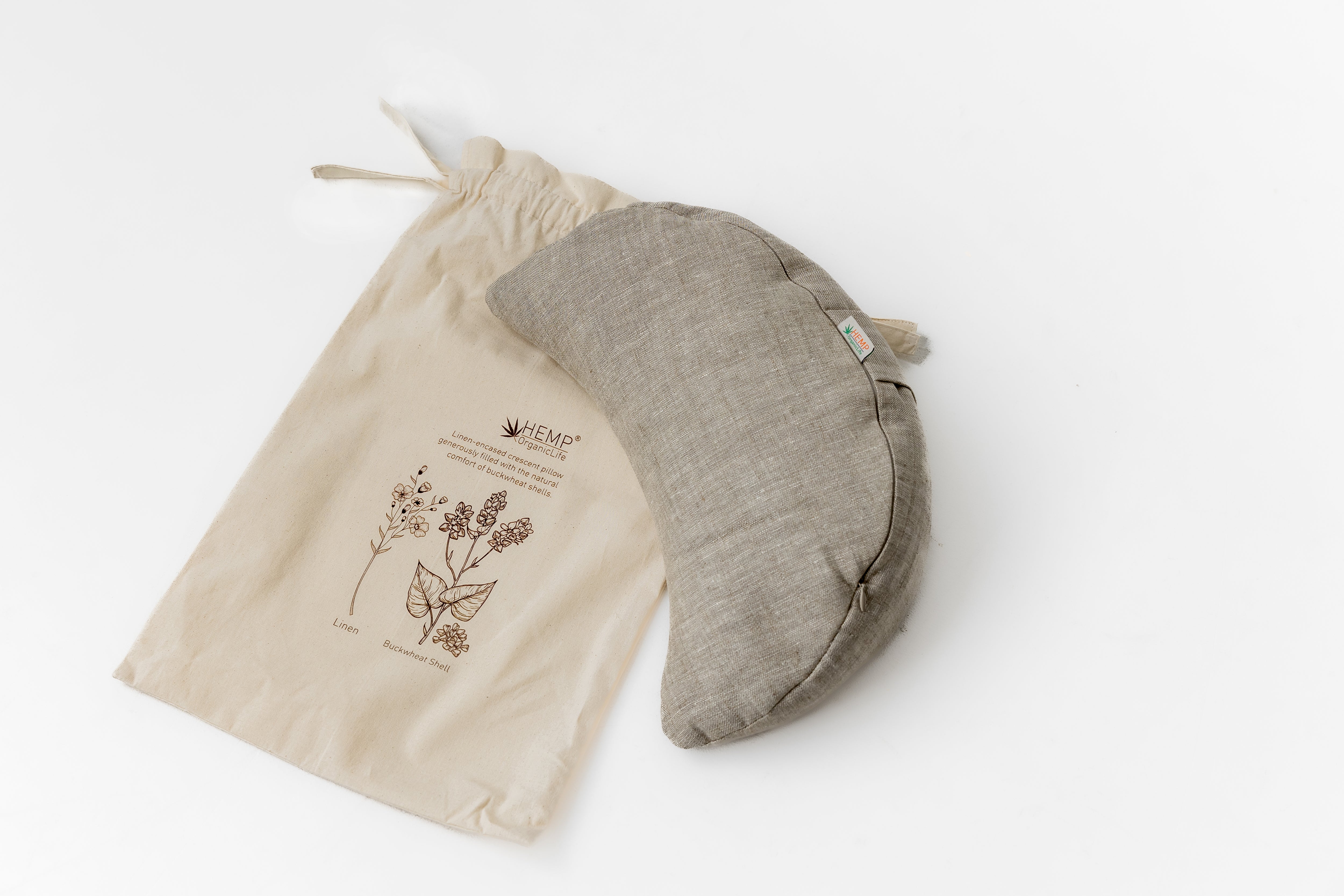 Linen-encased Crescent Pillow generously filled with the natural comfort of Buckwheat Shells + Gift Bag / meditation cushion Christmas gift