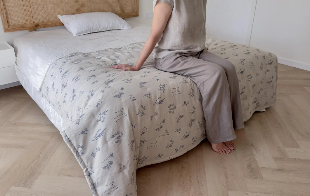 Natural Hemp Blanket in floral design natural linen fabric filled organic Hemp fiber filler Custom size Blanket
