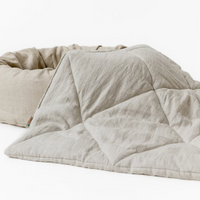 Special listing for Sarah McNamee two oval beds 30" x 20" with removable covers in natural linen in a grey shade and one 30"x47" pet blanket in natural undyed linen
