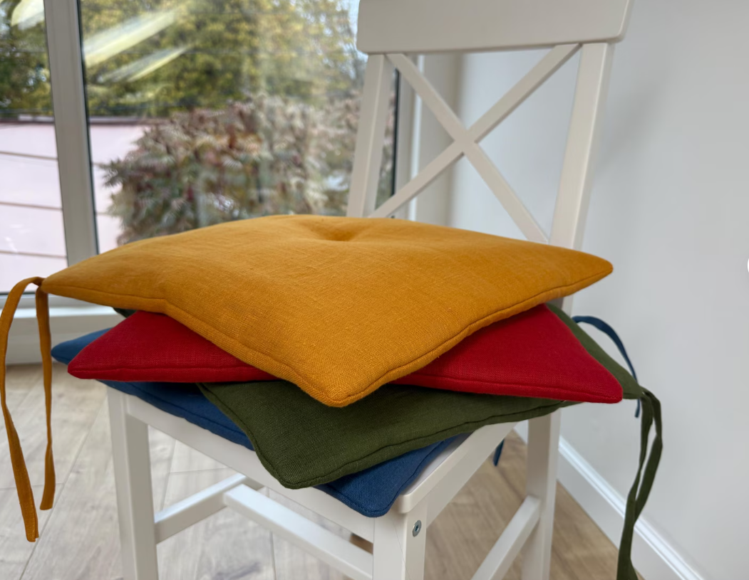 14"x14" (35x35 cm) Hemp Linen seat cushion for chair with ties filled organic hemp fiber in natural linen fabric