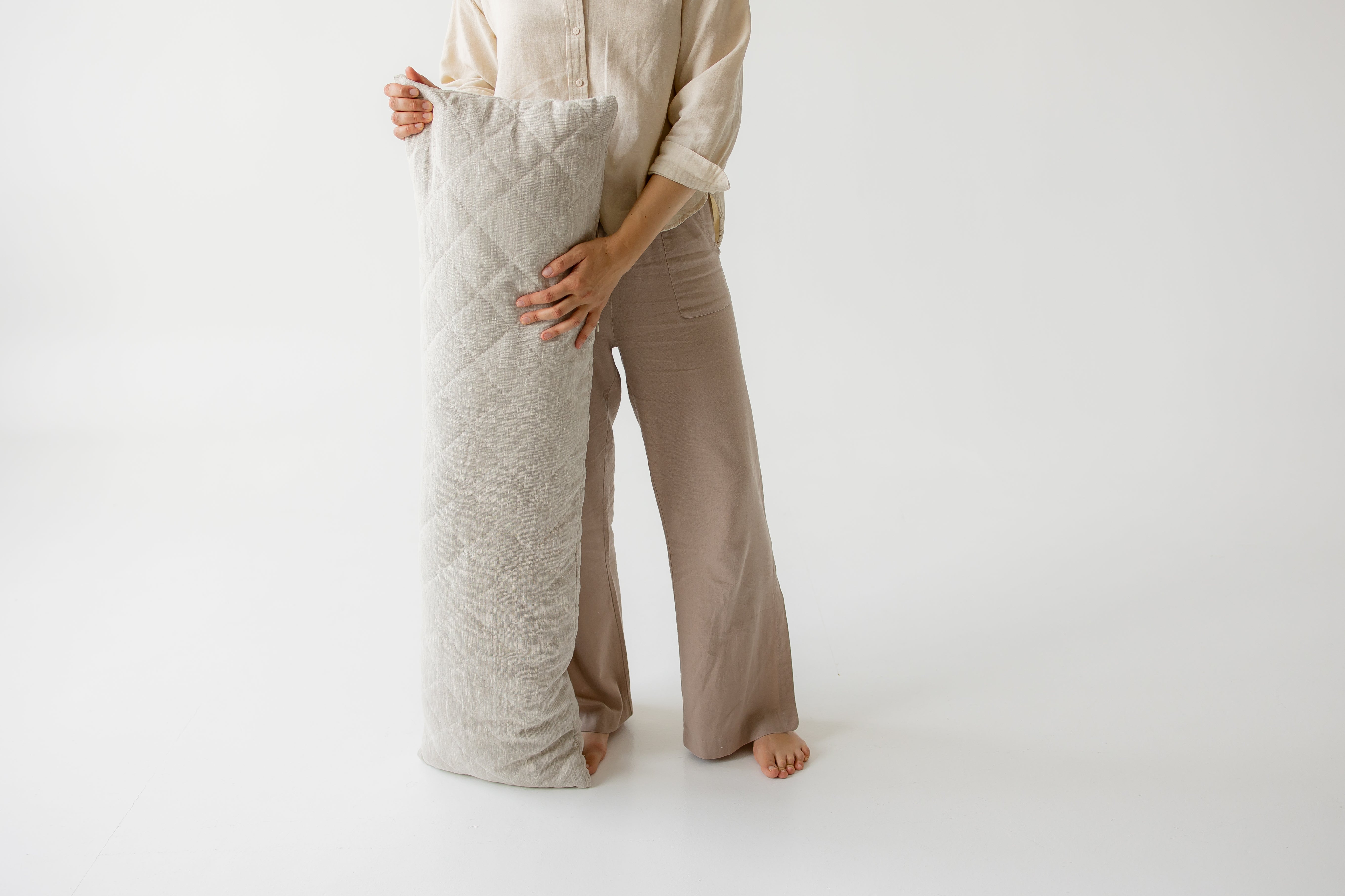 Quilted Hemp Body Pillow Filled Breathable Hemp Fiber Filler in Natural Linen Fabric / Side Sleeper Support Pillow with regulation height