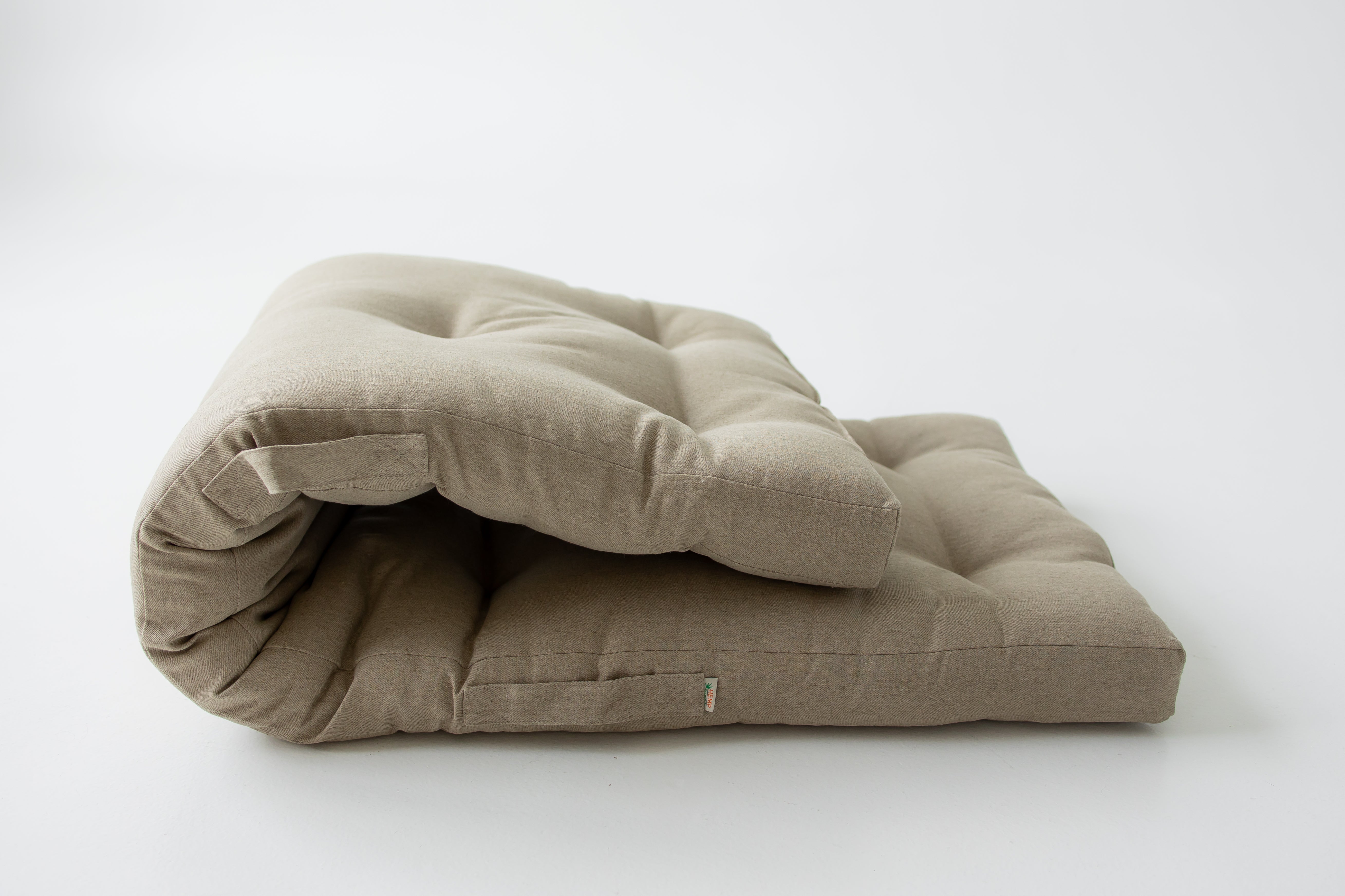 Hemp-filled Linen Shikibuton Mat organic Topper Futon with Hemp Fiber Filler inside in natural non-dyed Linen fabric 3โ thickn Roll-up Bed