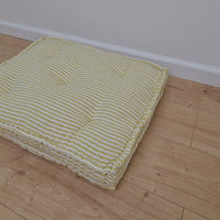16" x 16" (40x40 cm) Hemp Custom made Window Mudroom Floor bench cushion "Lemon Stripes" filled organic hemp fiber in natural linen fabric